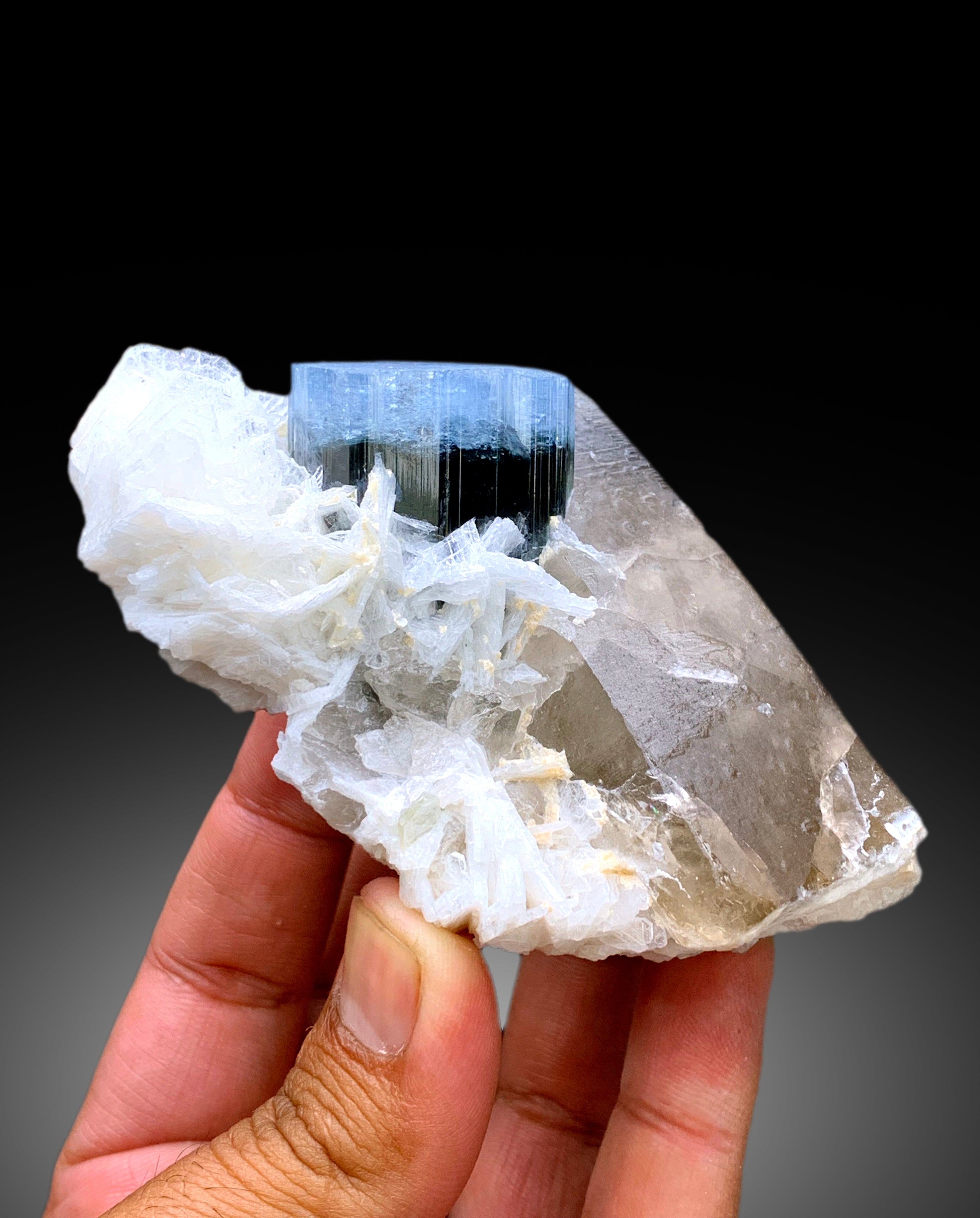 Natural Blue Cap Tourmaline Crystal with Smoky Quartz and Cleavelandite Albite from Paprok Afghanistan - 387 gram