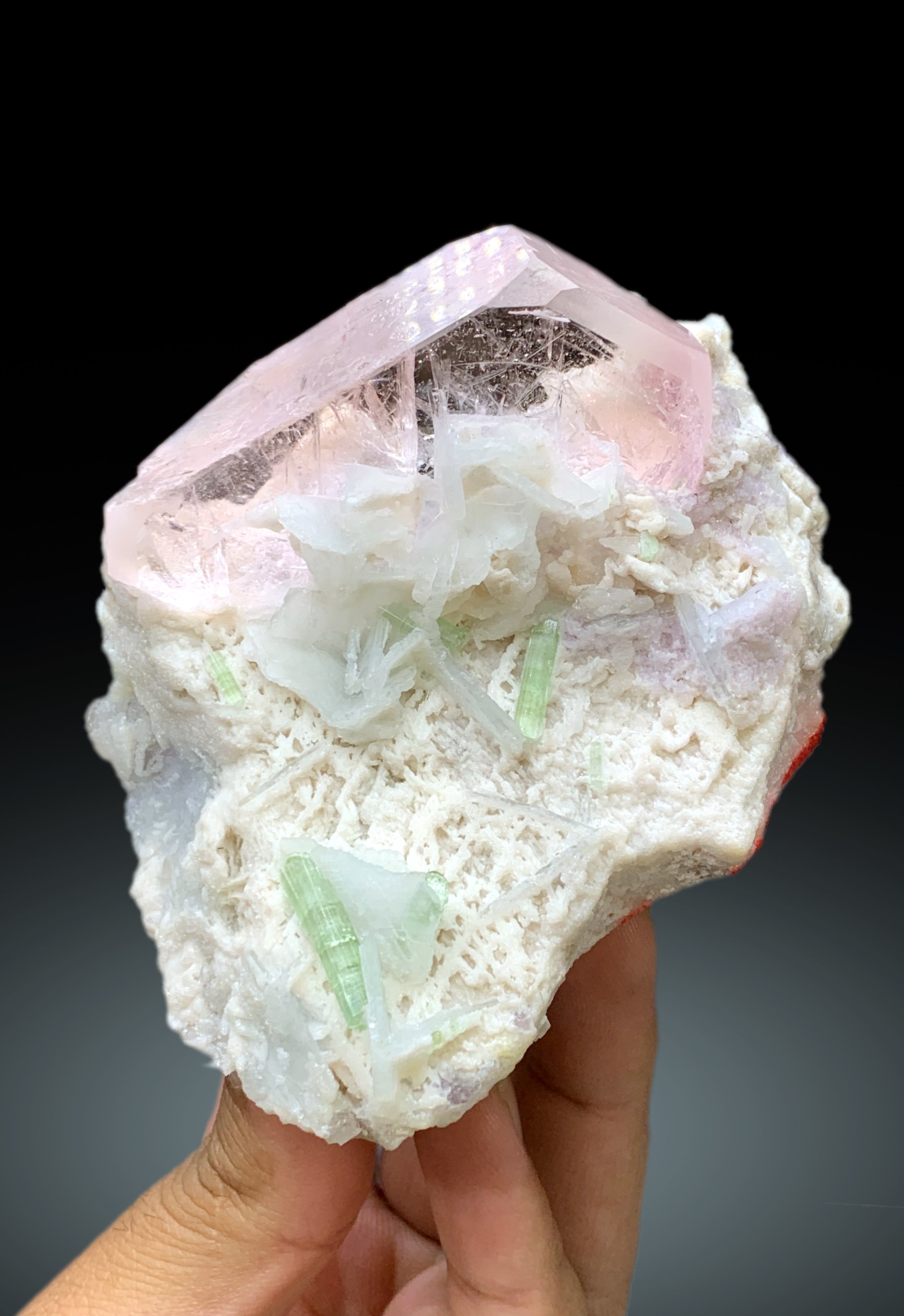 Exquisite Pink Morganite with Green Tourmalines, Lepidolite and Cleavelandite Albite Specimen from Afghanistan - 382 gram