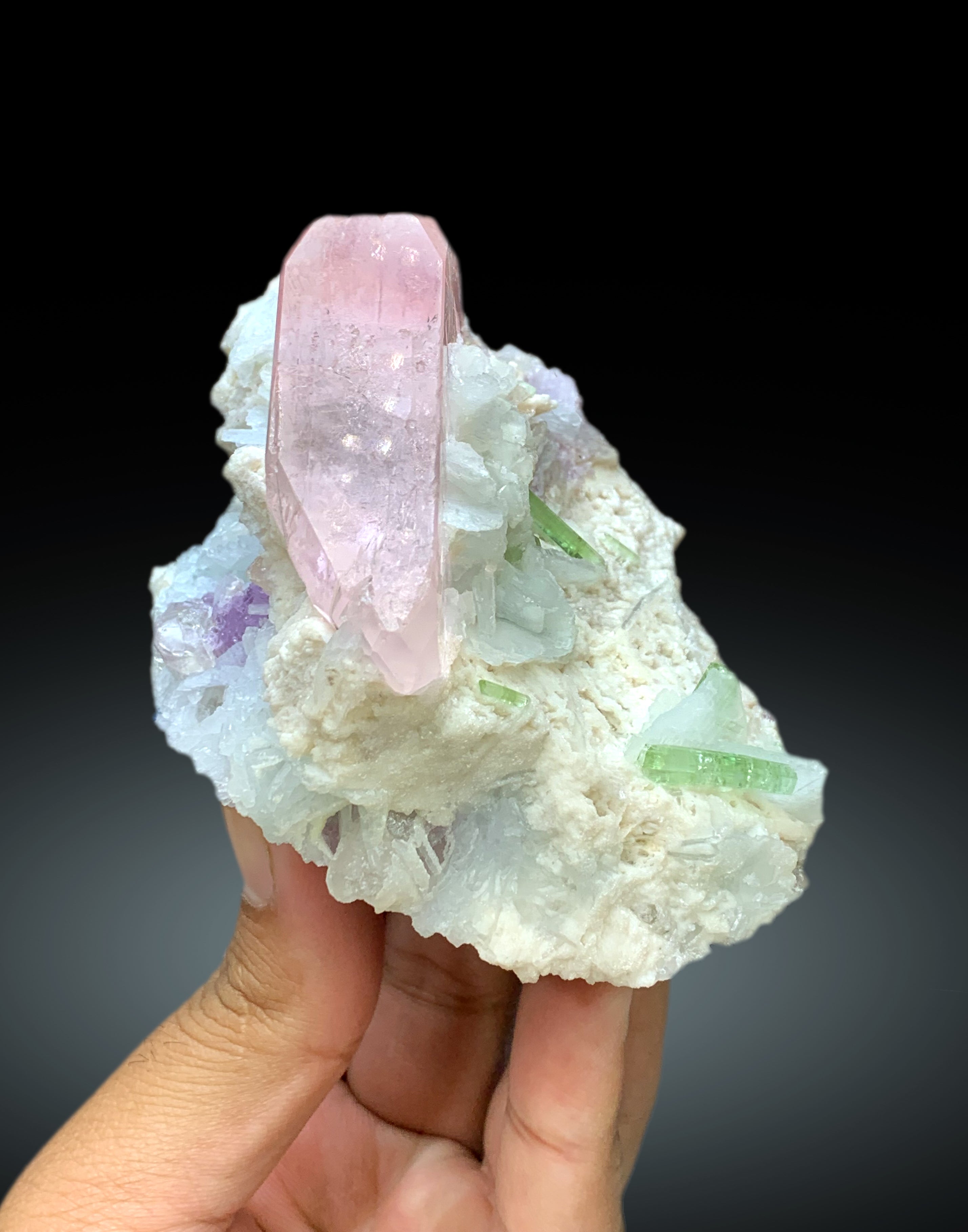 Exquisite Pink Morganite with Green Tourmalines, Lepidolite and Cleavelandite Albite Specimen from Afghanistan - 382 gram