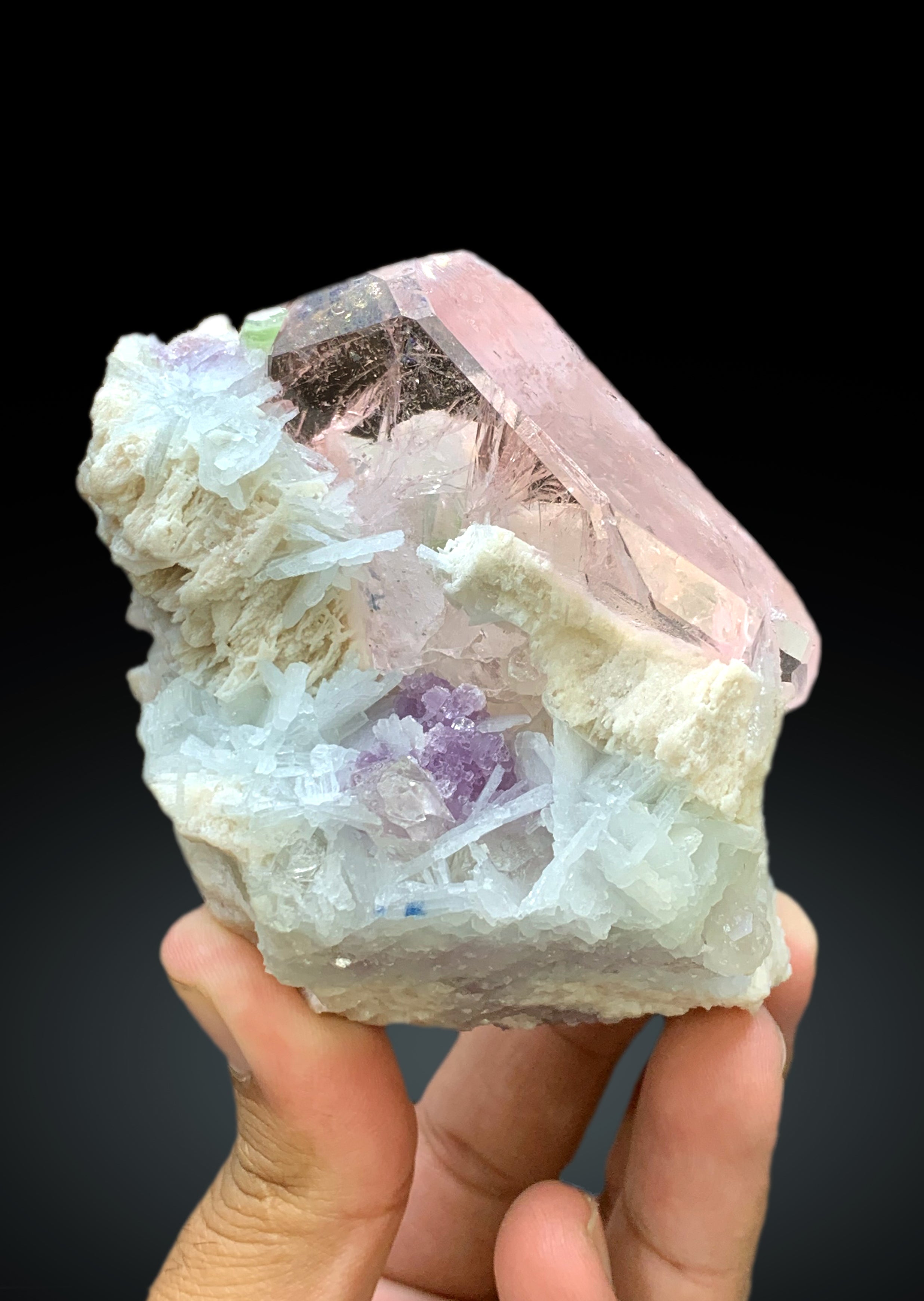 Exquisite Pink Morganite with Green Tourmalines, Lepidolite and Cleavelandite Albite Specimen from Afghanistan - 382 gram