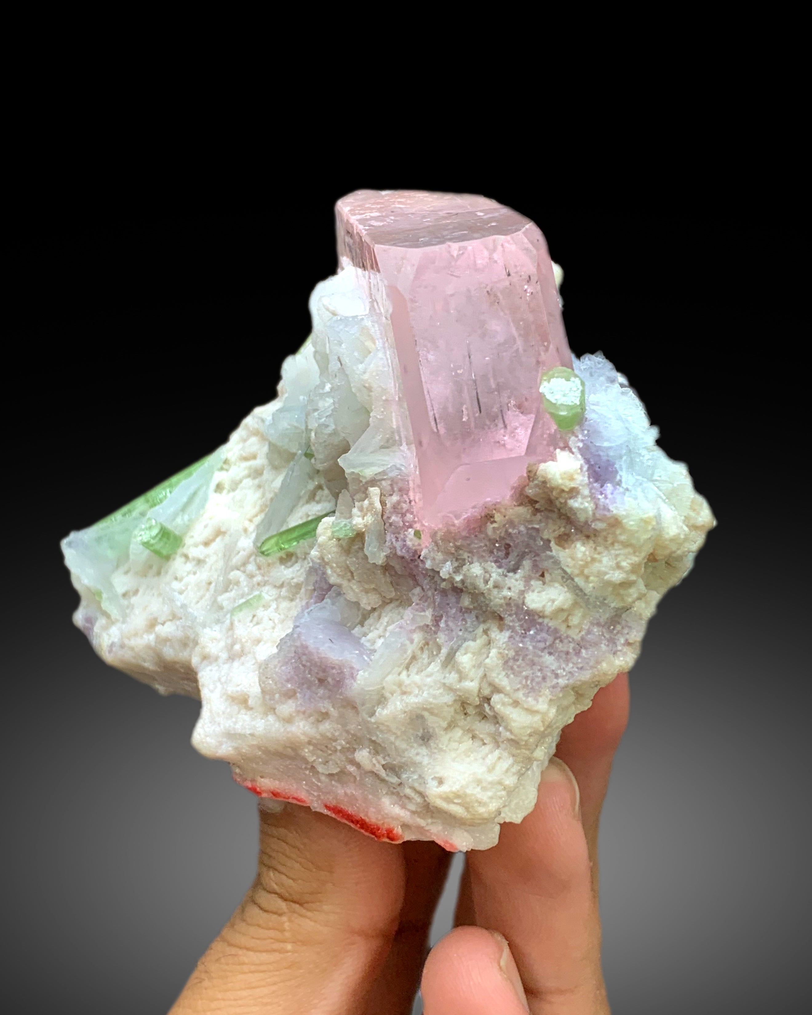 Exquisite Pink Morganite with Green Tourmalines, Lepidolite and Cleavelandite Albite Specimen from Afghanistan - 382 gram