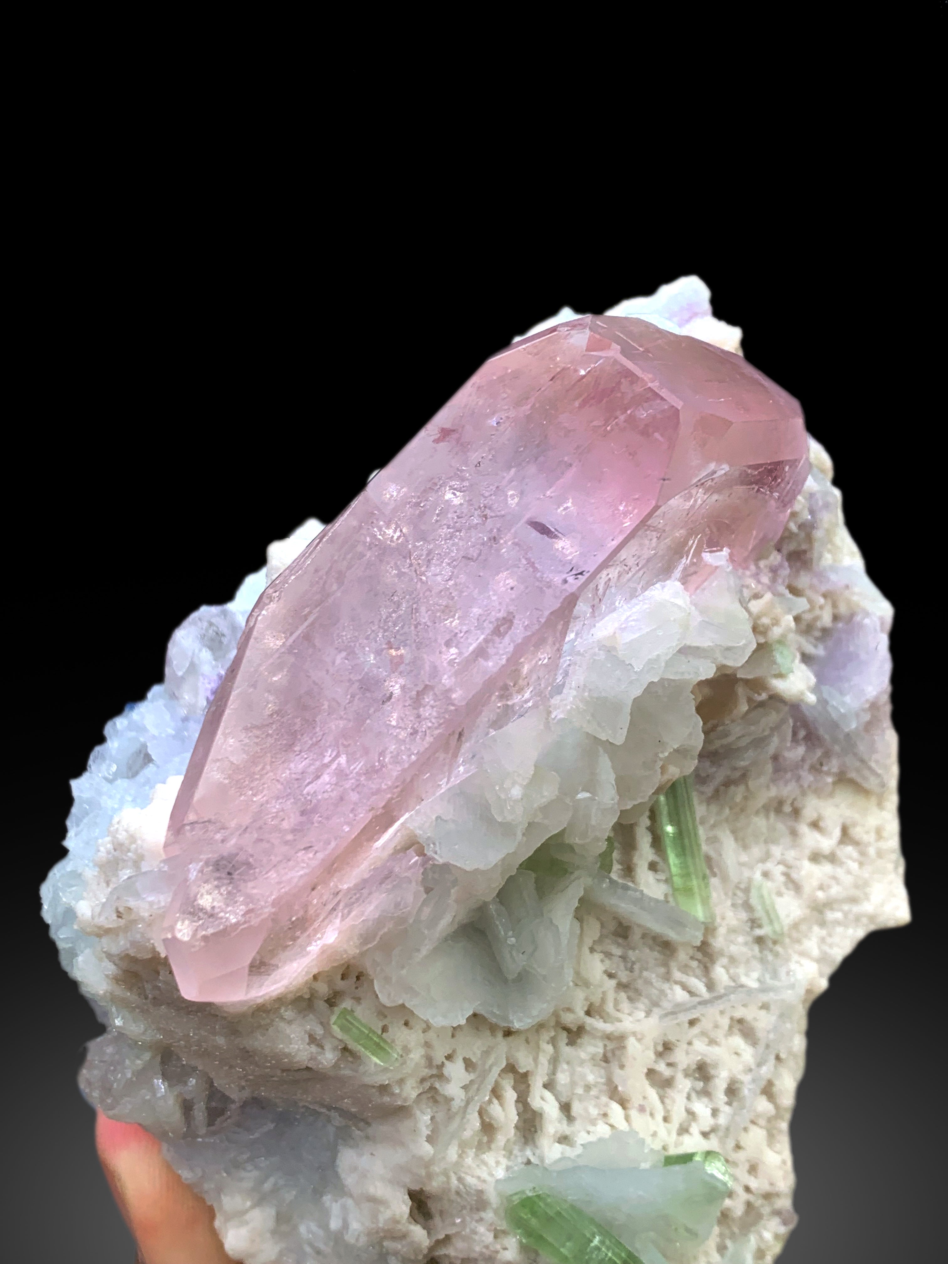 Exquisite Pink Morganite with Green Tourmalines, Lepidolite and Cleavelandite Albite Specimen from Afghanistan - 382 gram