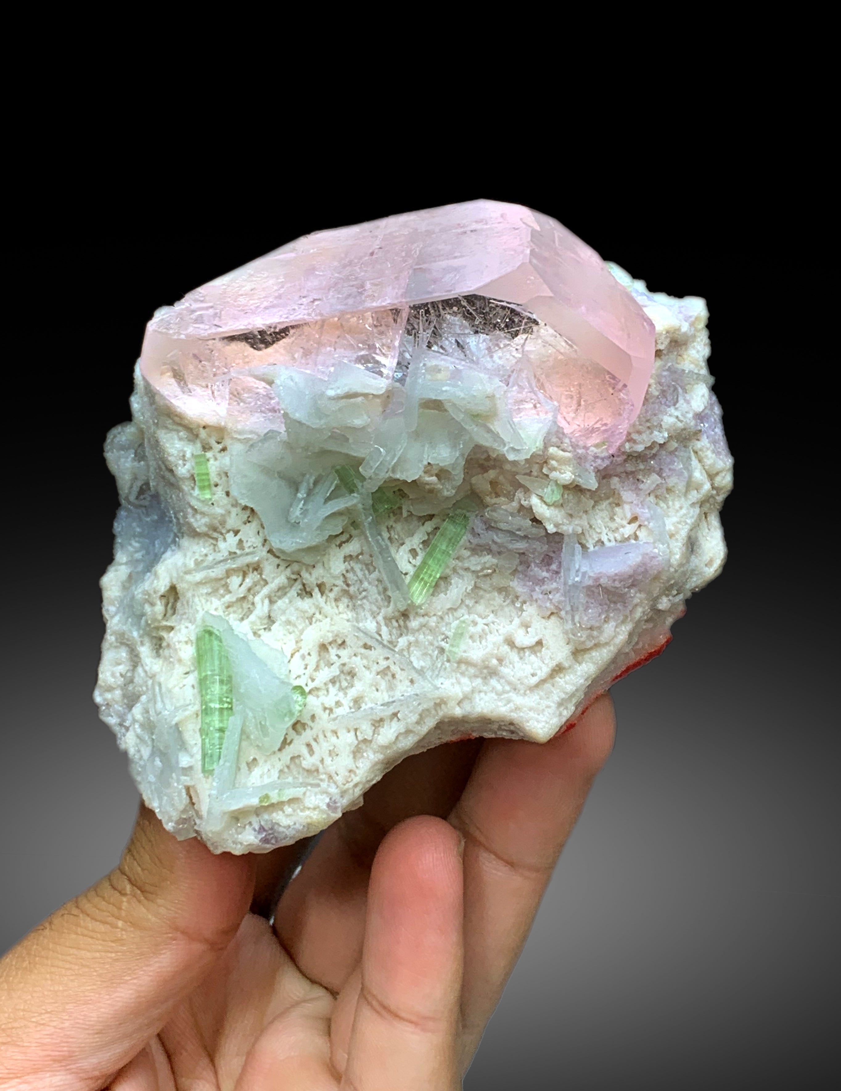 Exquisite Pink Morganite with Green Tourmalines, Lepidolite and Cleavelandite Albite Specimen from Afghanistan - 382 gram