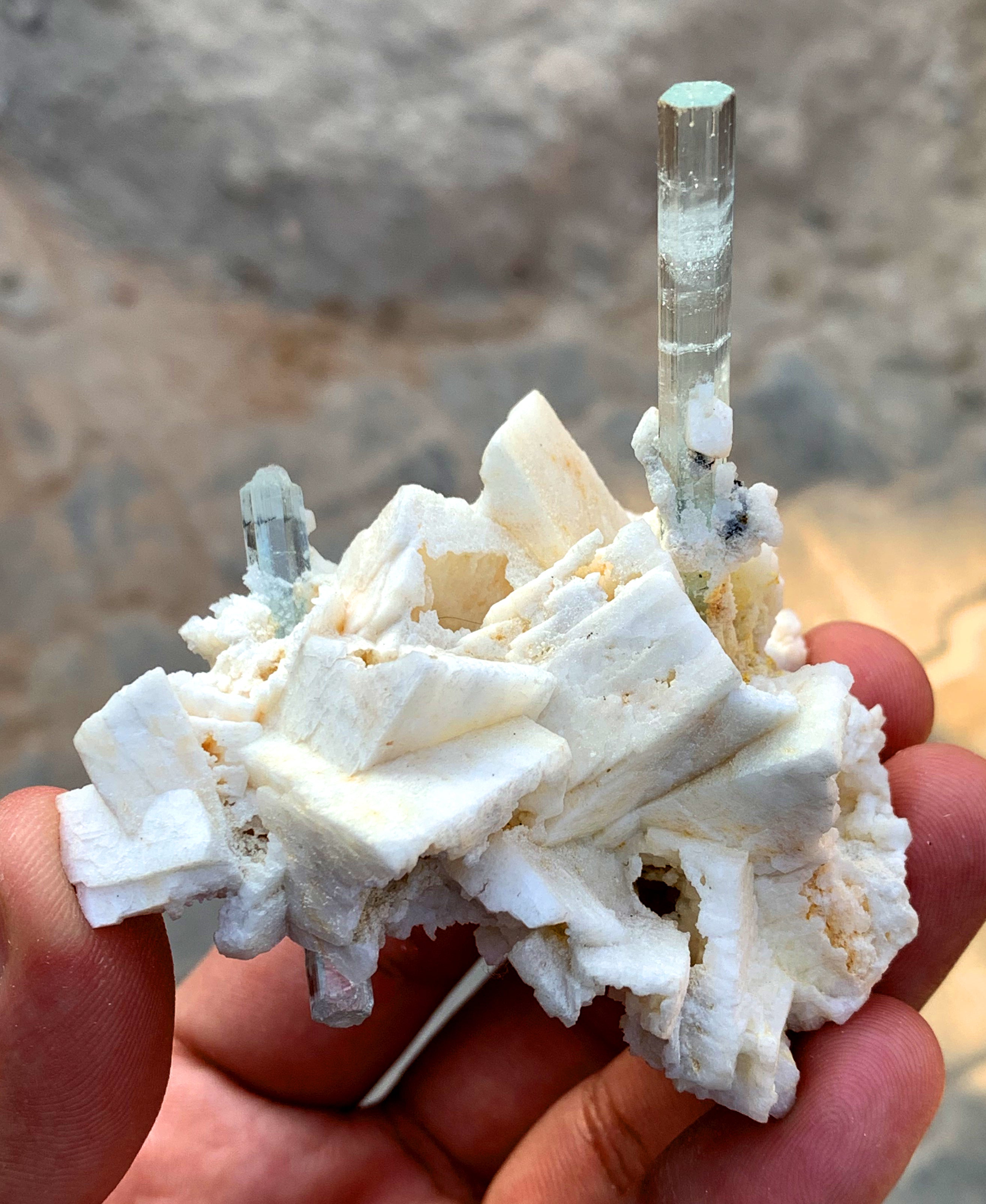 Natural Terminated Blue Aquamarine Crystals with Albite, Aquamarine Specimen, Aquamarine from Shigar valley Skardu Pakistan - 92 gram