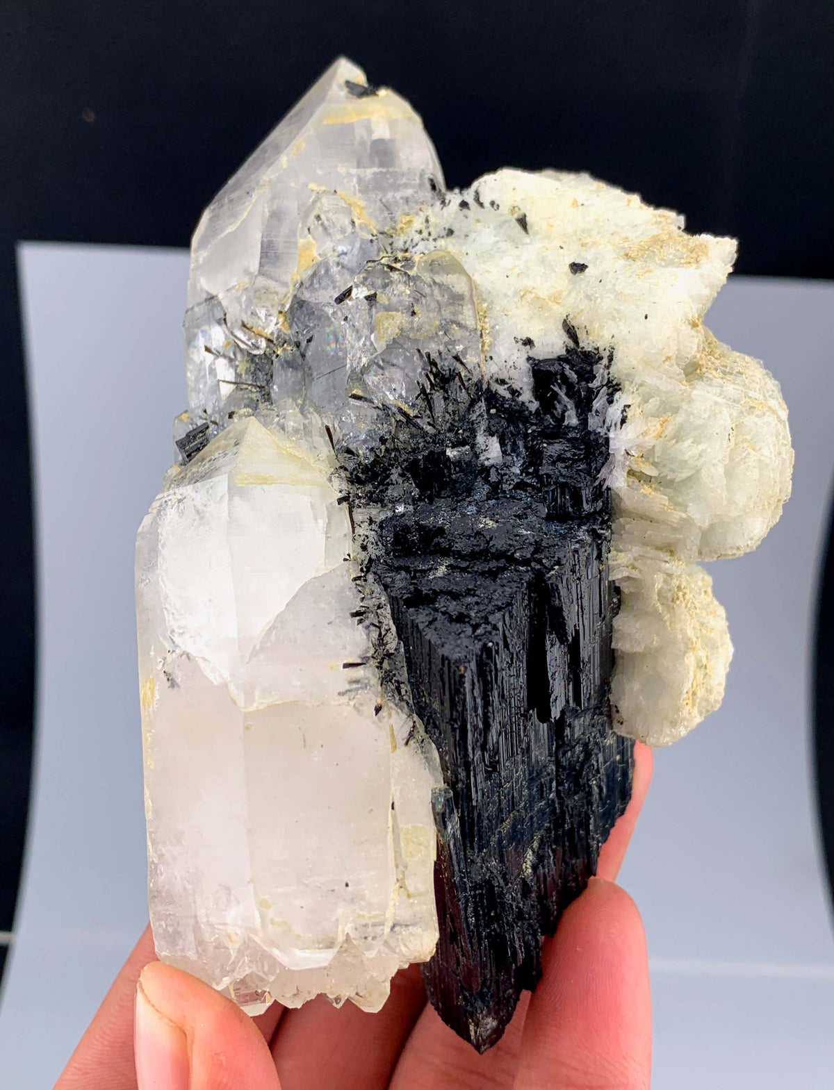 Schorl Black Tourmaline Crystal On Quartz And Albite From Afghanistan - 292 Grams