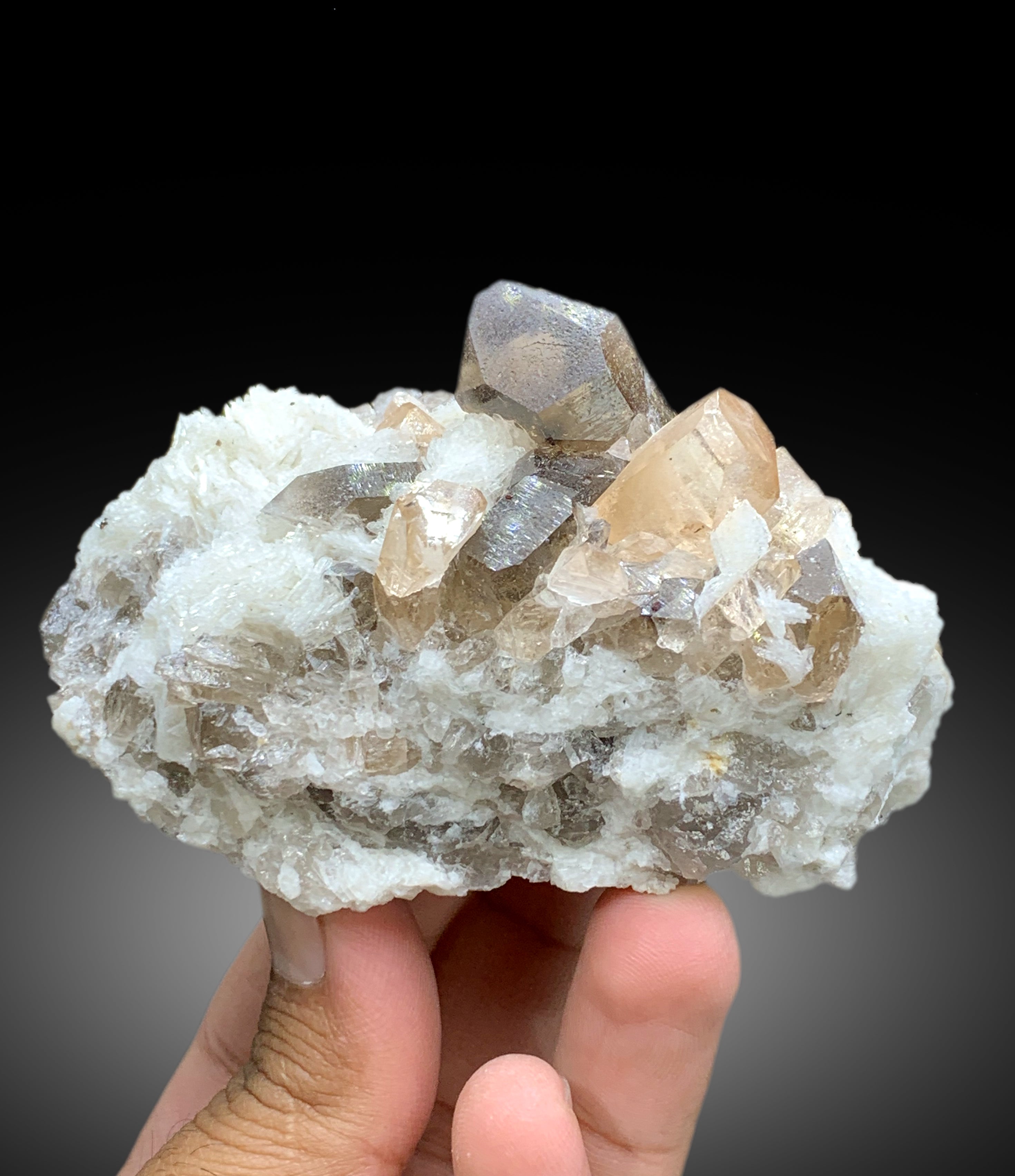 Rich Golden Color Topaz Crystals with Smoky Quartz and White Albite from Skardu Pakistan - 347 gram