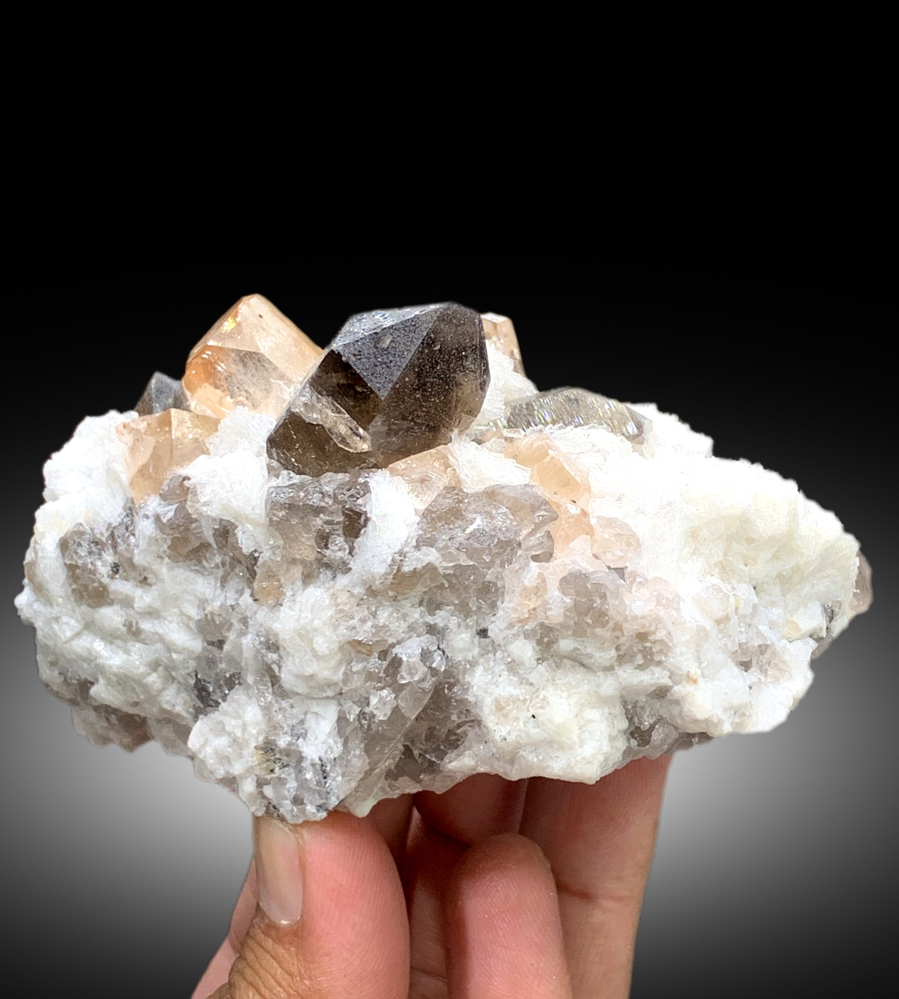 Rich Golden Color Topaz Crystals with Smoky Quartz and White Albite from Skardu Pakistan - 347 gram