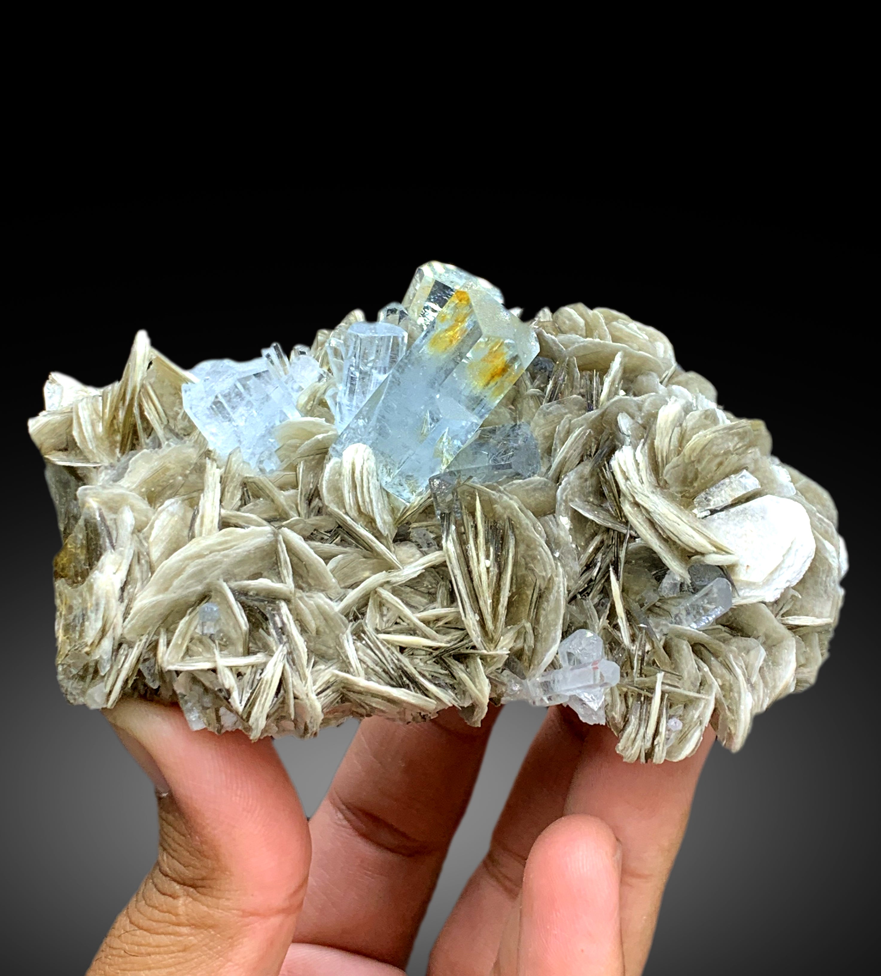 Sky Blue Color Aquamarine Crystals with Muscovite Mica from Chumar Bakhoor Gilgit Pakistan - 344 gram