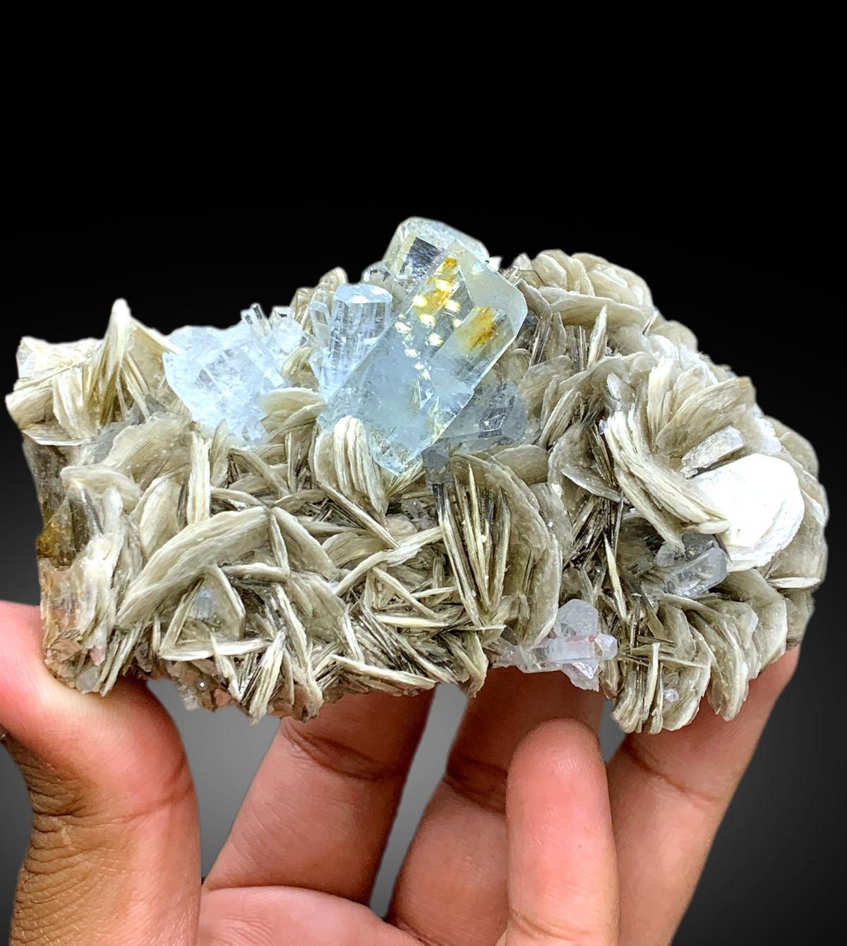 Sky Blue Color Aquamarine Crystals with Muscovite Mica from Chumar Bakhoor Gilgit Pakistan - 344 gram