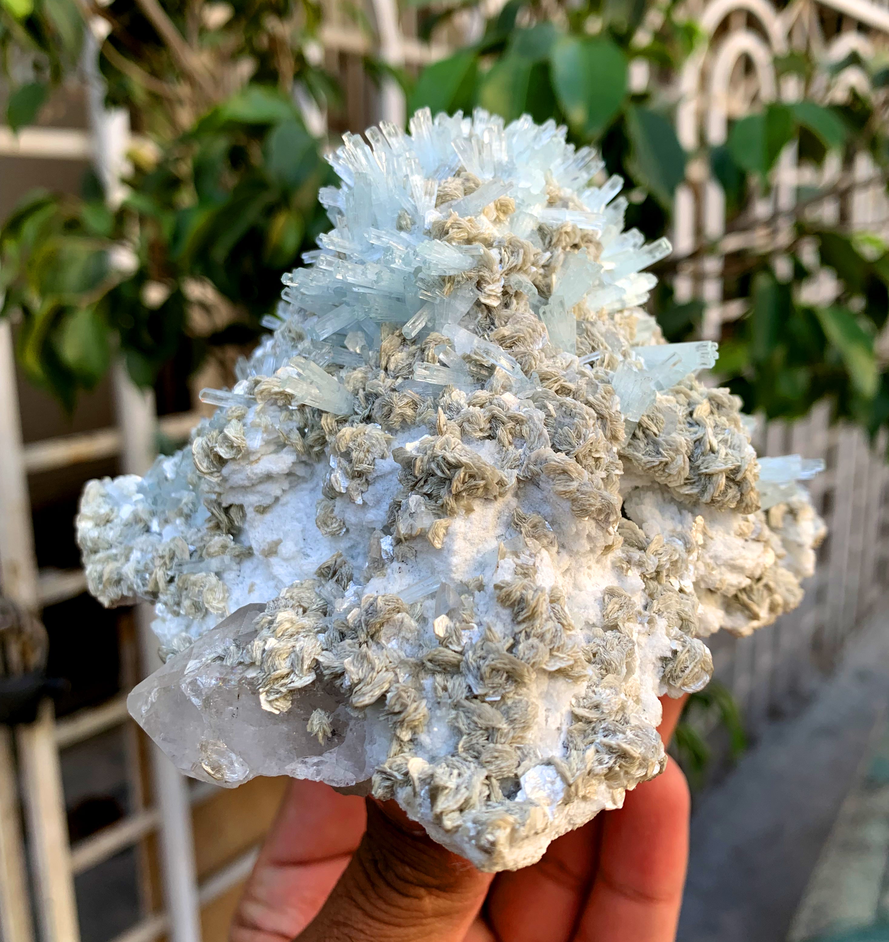 Sky Blue Aquamarine Cluster with Mica on Feldspar from Pakistan - 1157 grams