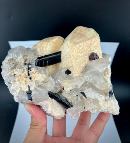 Red Spessertite Garnet Crystal With Schorl and Feldspar On Quartz From Pakistan - 1923 Grams