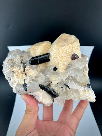 Red Spessertite Garnet Crystal With Schorl and Feldspar On Quartz From Pakistan - 1923 Grams
