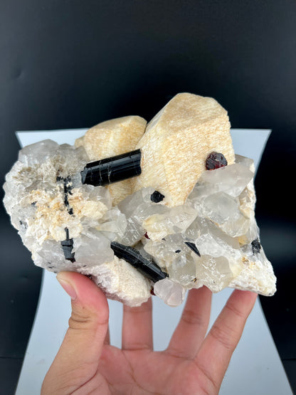 Red Spessertite Garnet Crystal With Schorl and Feldspar On Quartz From Pakistan - 1923 Grams