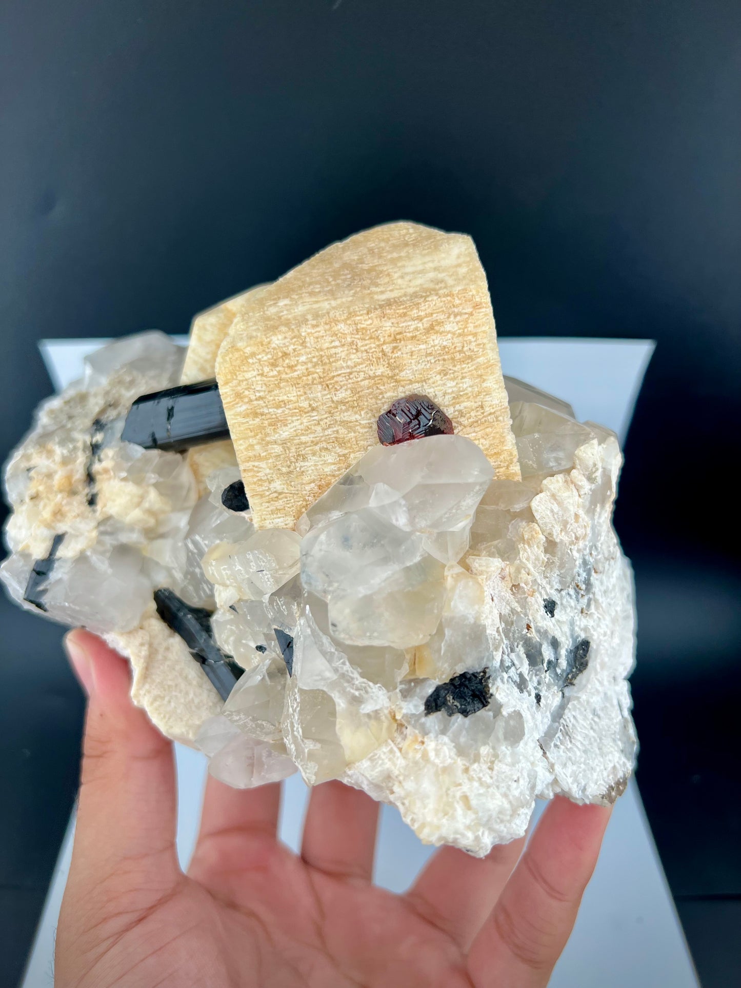 Red Spessertite Garnet Crystal With Schorl and Feldspar On Quartz From Pakistan - 1923 Grams