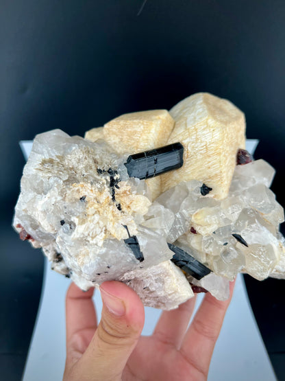 Red Spessertite Garnet Crystal With Schorl and Feldspar On Quartz From Pakistan - 1923 Grams