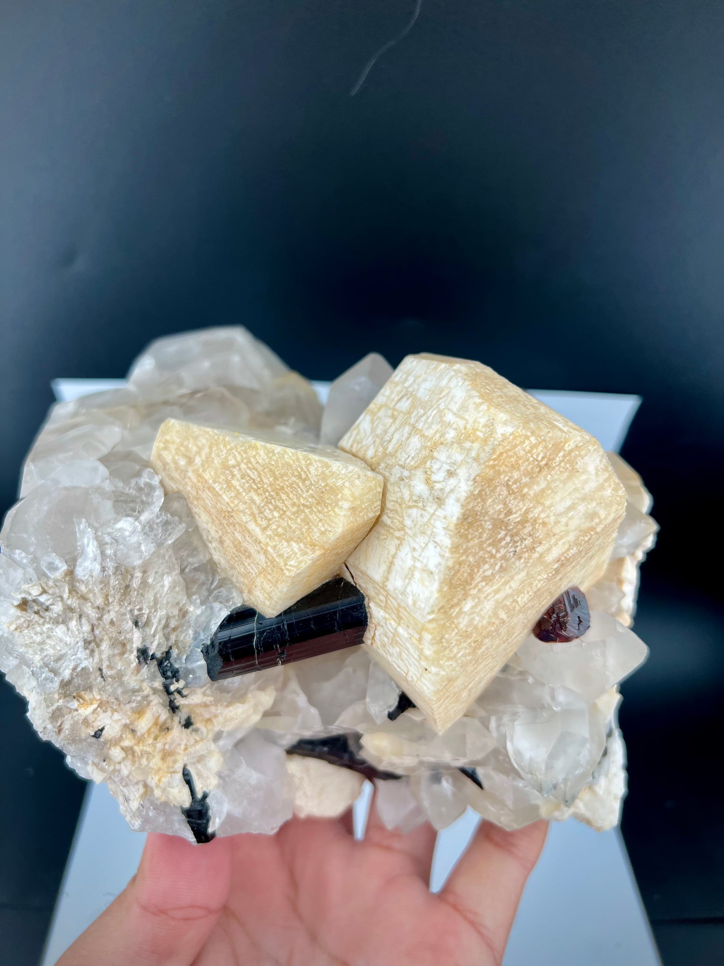 Red Spessertite Garnet Crystal With Schorl and Feldspar On Quartz From Pakistan - 1923 Grams