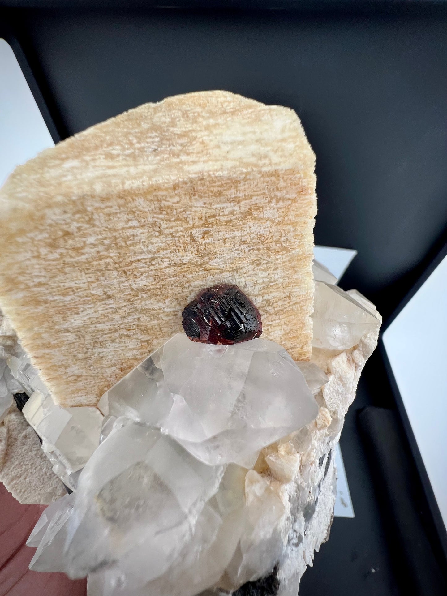 Red Spessertite Garnet Crystal With Schorl and Feldspar On Quartz From Pakistan - 1923 Grams