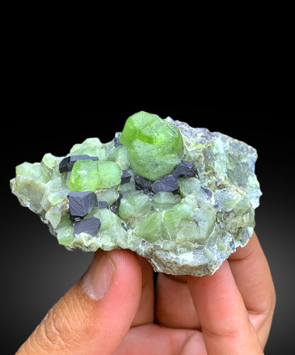 Lush Green Peridot Crystals with Magnetite, Peridot Specimen - 140 gram
