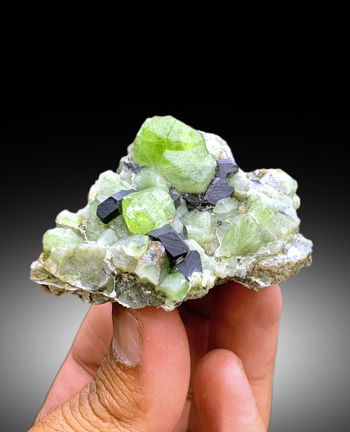Lush Green Peridot Crystals with Magnetite, Peridot Specimen - 140 gram