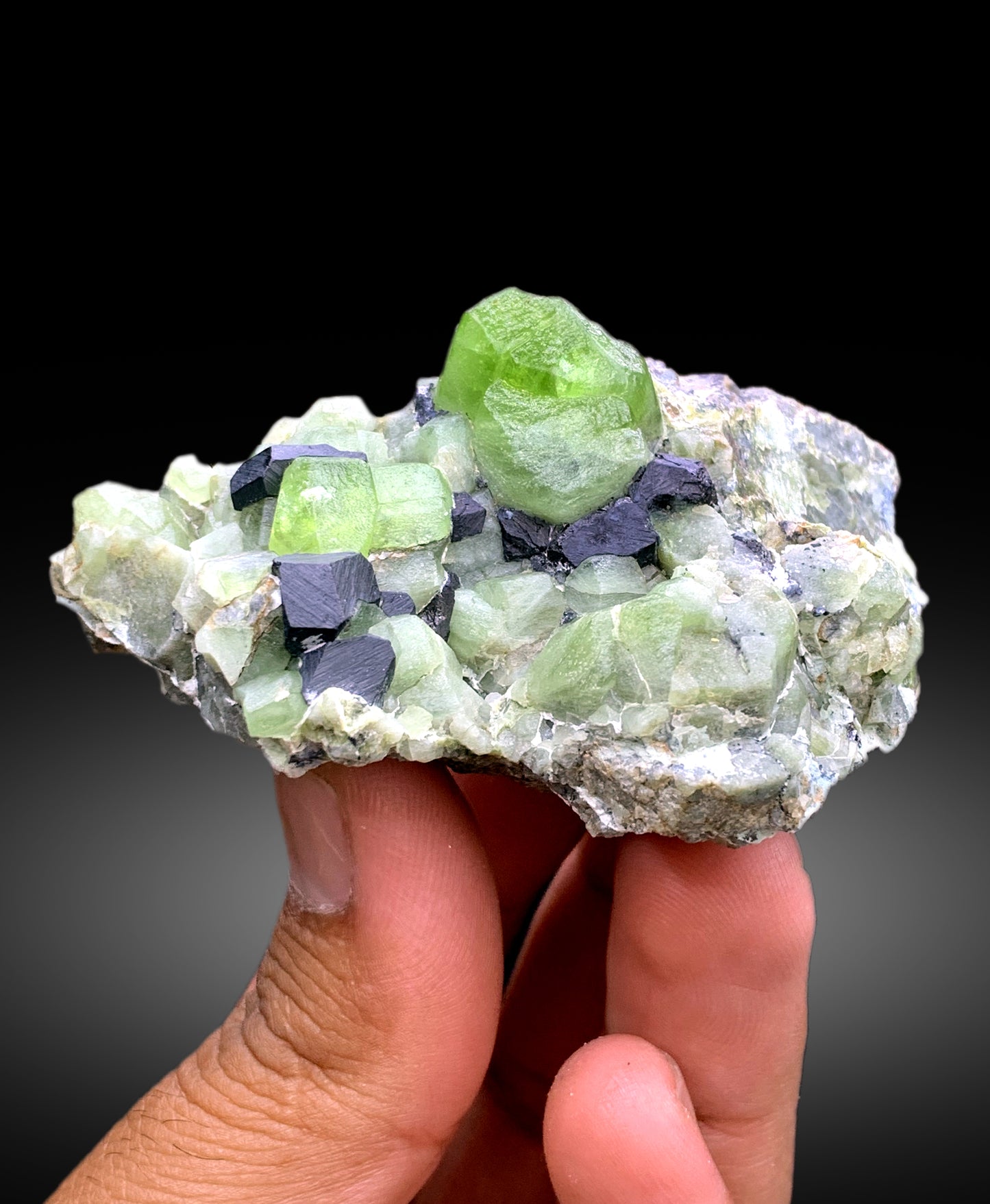 Lush Green Peridot Crystals with Magnetite, Peridot Specimen - 140 gram