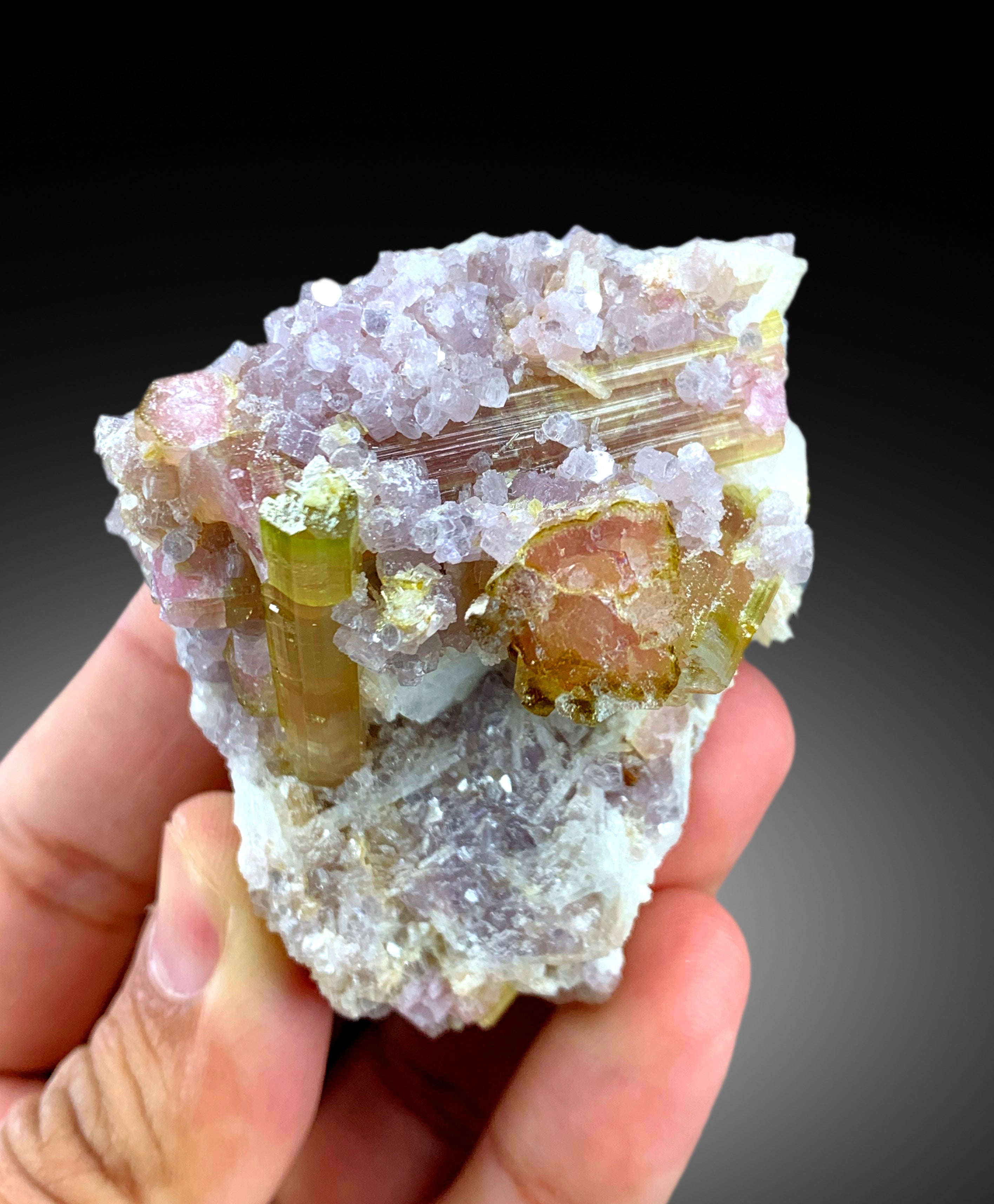 Natural Watermelon Tourmaline Crystals with Pink Lepidolite, Paprok Tourmaline, Raw Mineral, Tourmaline Specimen - 153 gram