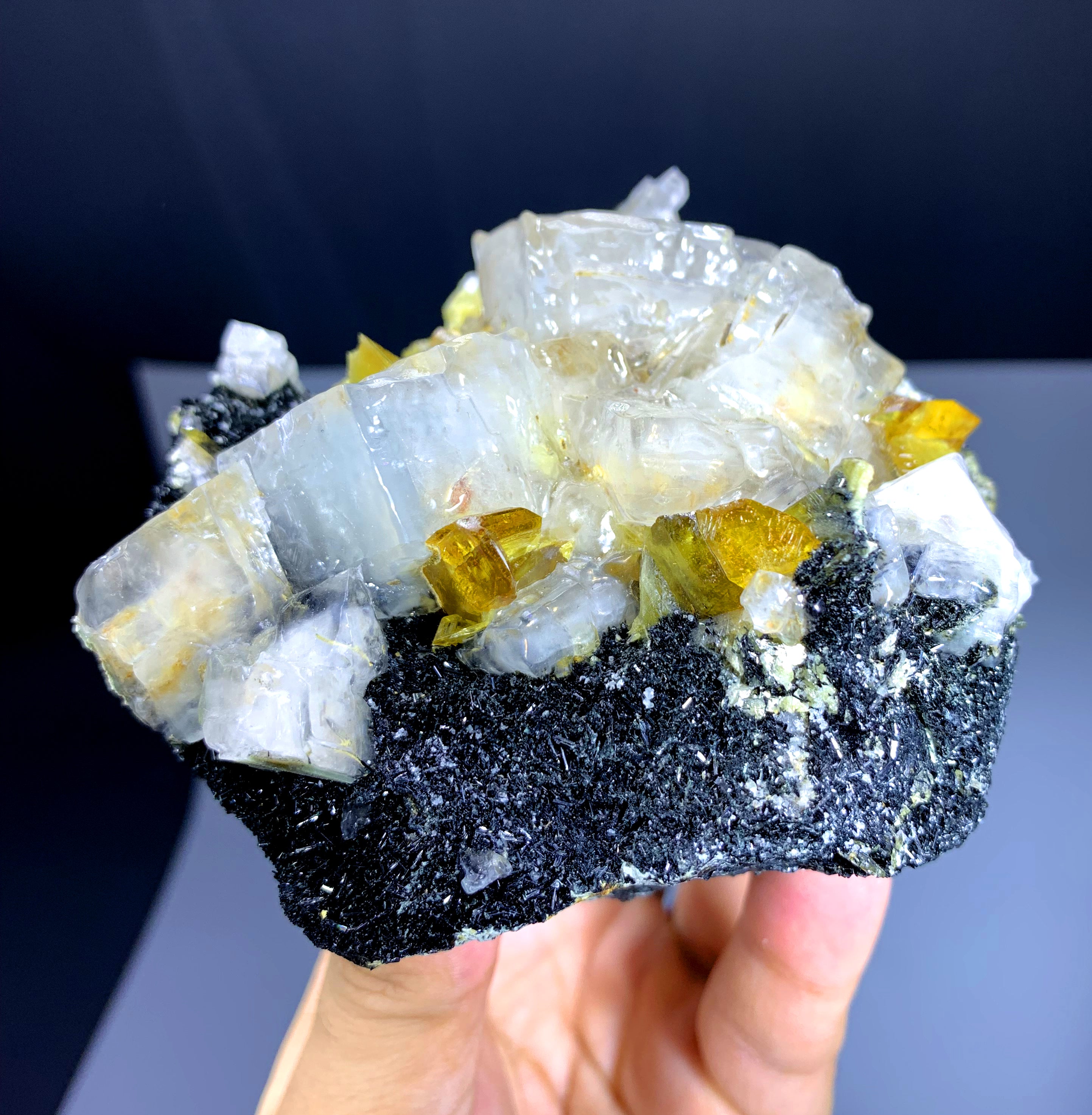 Yellow Titanite Sphene Crystals on Calcite from Zagi Mountains Pakistan - 464 gram