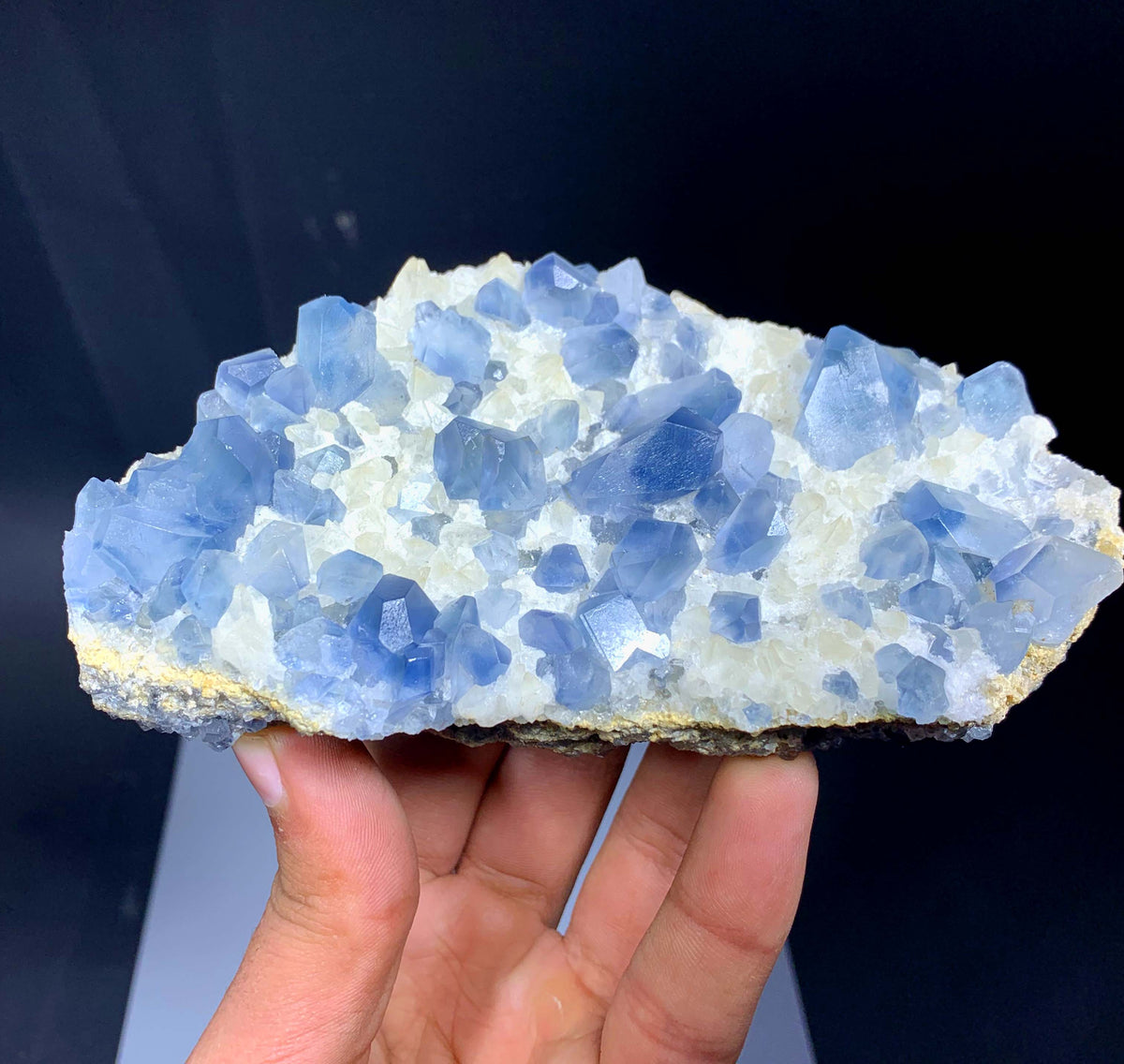 Blue Celestine Crystals On Yellow Calcite From Afghanistan - 460 Grams