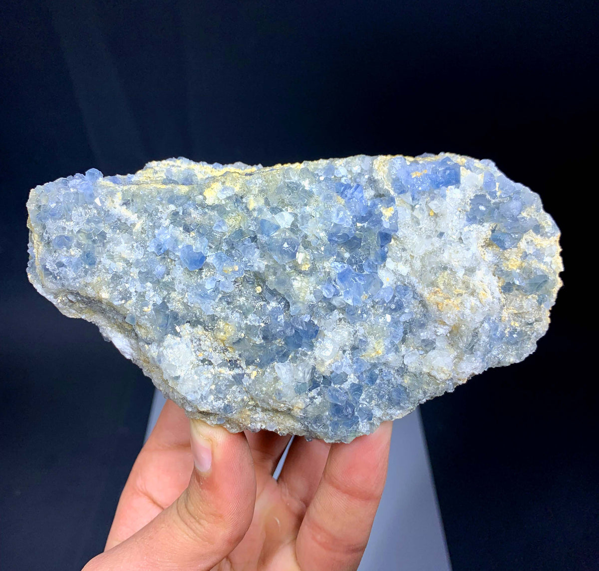 Blue Celestine Crystals On Yellow Calcite From Afghanistan - 460 Grams