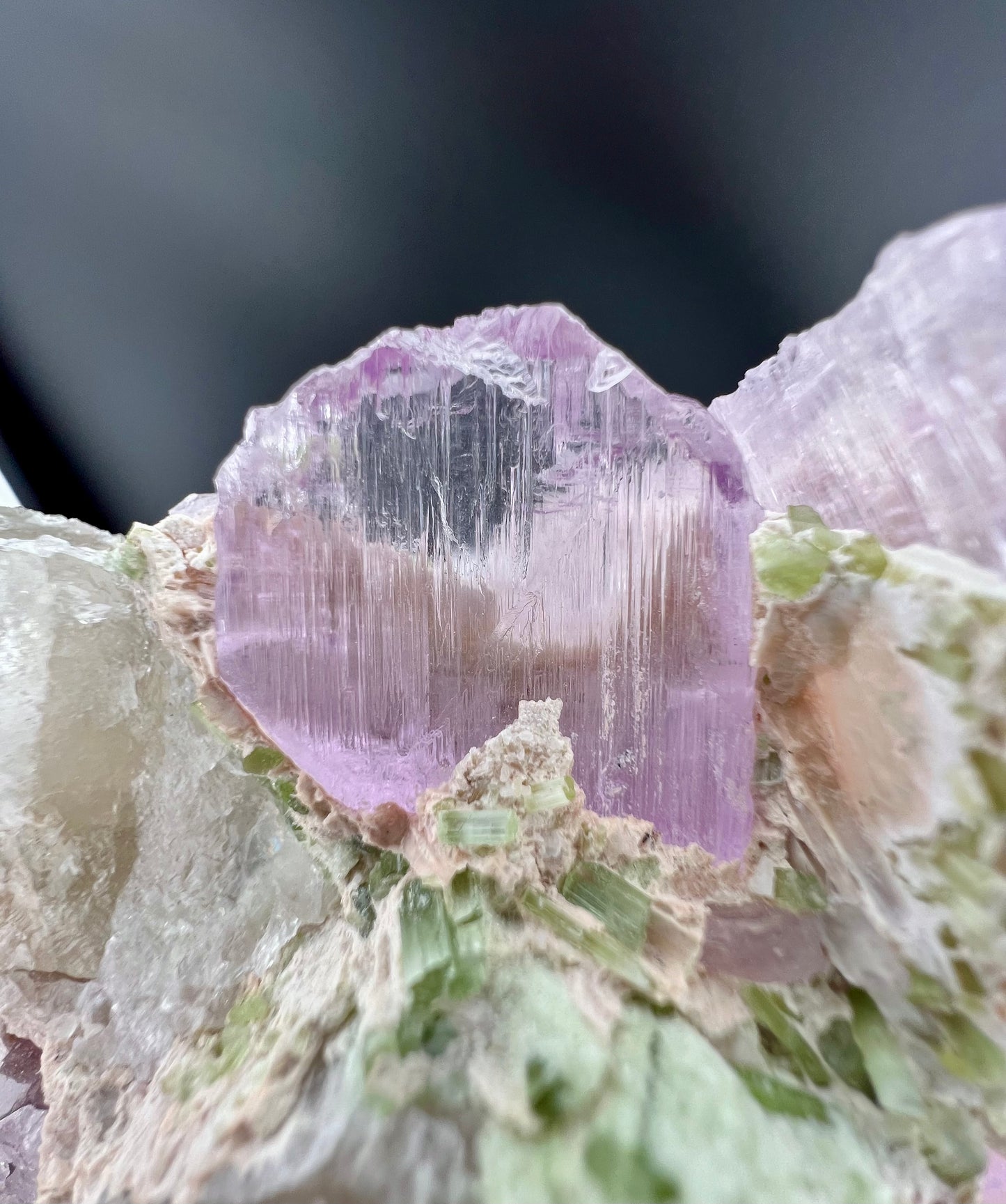 Pink Kunzite Crystal With Green Tourmaline on Matrix from Afghanistan - 171 Grams