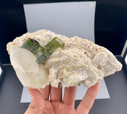 Green Tourmaline Crystals with Quartz and Garnet on Matrix from Pakistan - 677 Gram