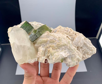 Green Tourmaline Crystals with Quartz and Garnet on Matrix from Pakistan - 677 Gram