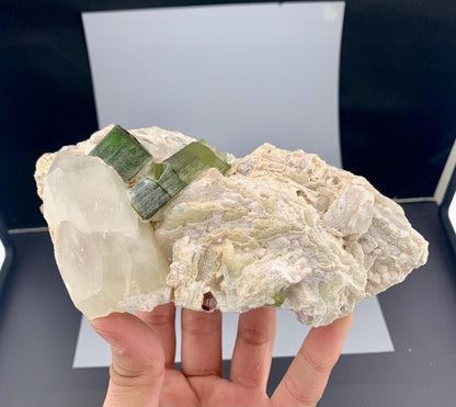 Green Tourmaline Crystals with Quartz and Garnet on Matrix from Pakistan - 677 Gram