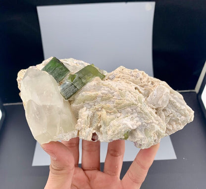 Green Tourmaline Crystals with Quartz and Garnet on Matrix from Pakistan - 677 Gram