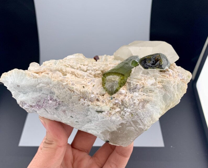 Green Tourmaline Crystals with Quartz and Garnet on Matrix from Pakistan - 677 Gram