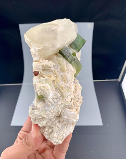 Green Tourmaline Crystals with Quartz and Garnet on Matrix from Pakistan - 677 Gram