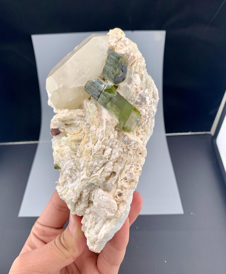 Green Tourmaline Crystals with Quartz and Garnet on Matrix from Pakistan - 677 Gram