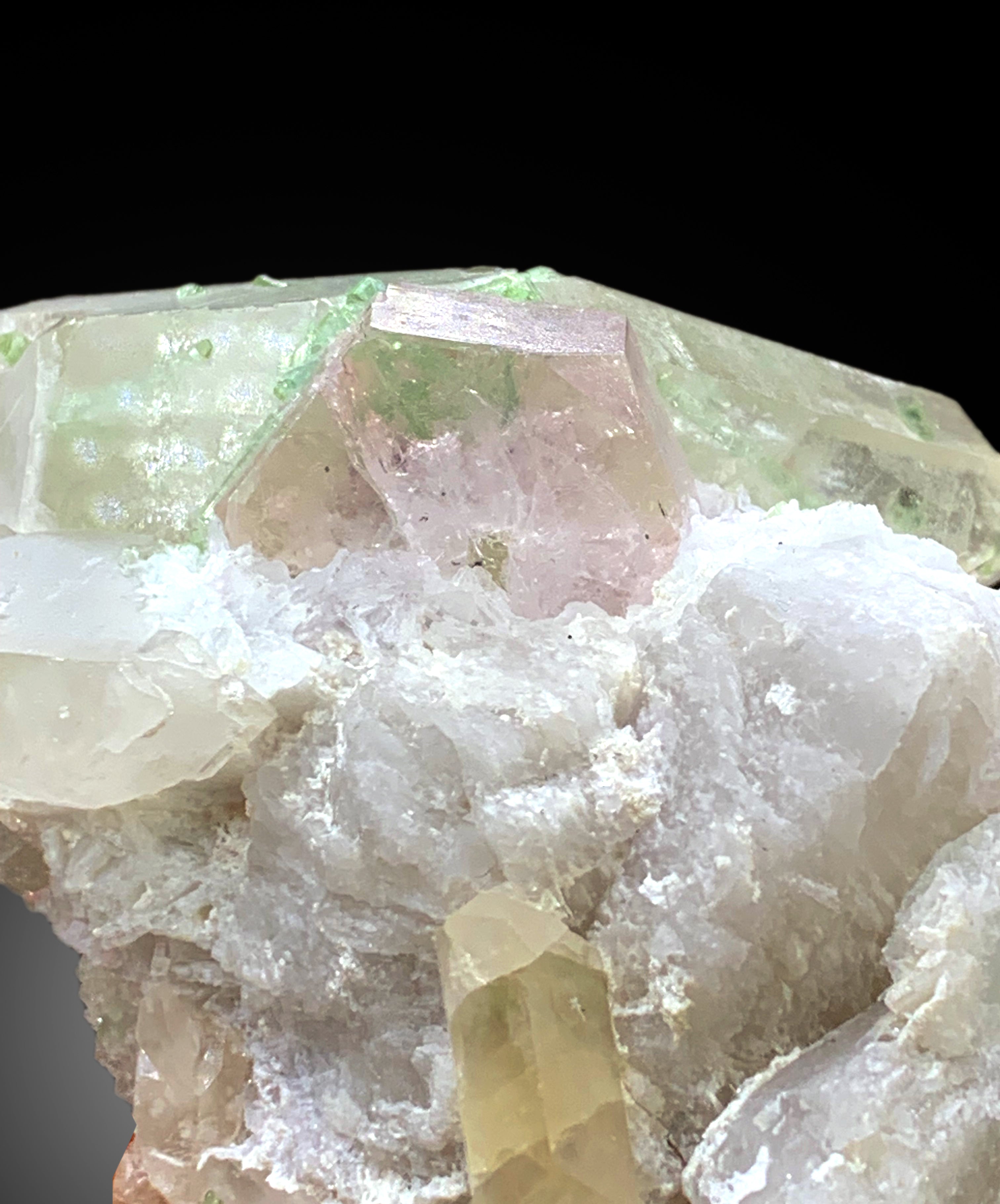 Natural Pink Color Morganite with Quartz, Green Tourmalines and Feldspar, Fine Mineral, Morganite Mineral Specimen - 259 gram