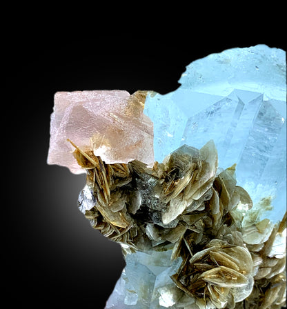 Aquamarine with Pink Fluorite and Mica, Aquamarine Specimen, Fluorite Specimen from Chumar Bakhoor Pakistan, 375 gram