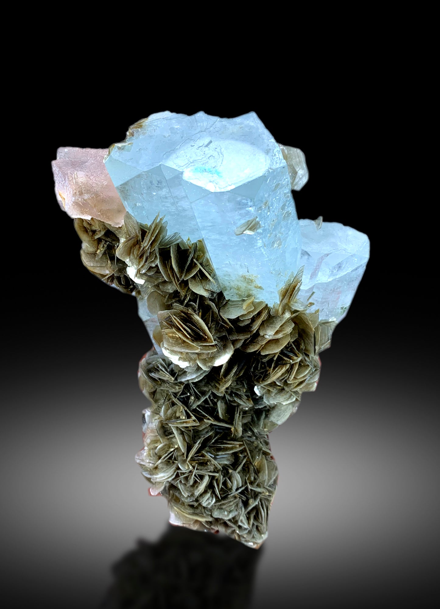 Aquamarine with Pink Fluorite and Mica, Aquamarine Specimen, Fluorite Specimen from Chumar Bakhoor Pakistan, 375 gram