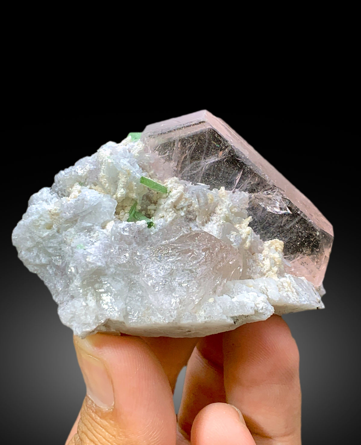 Transparent Pink Color Morganite with Green Tourmalines and Albite, Morganite Specimen from Dara-i-Pech Afghanistan - 105 gram