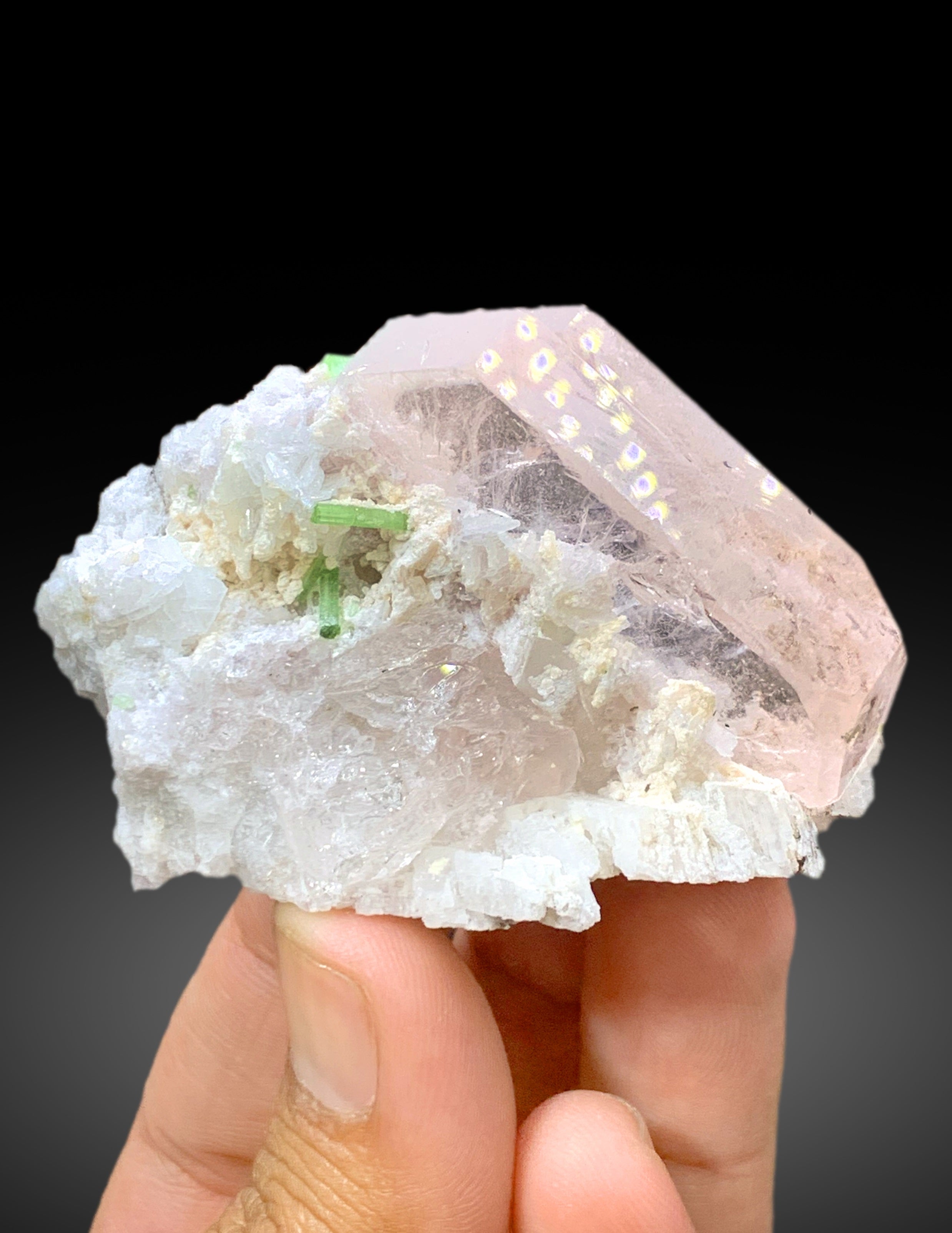 Transparent Pink Color Morganite with Green Tourmalines and Albite, Morganite Specimen from Dara-i-Pech Afghanistan - 105 gram