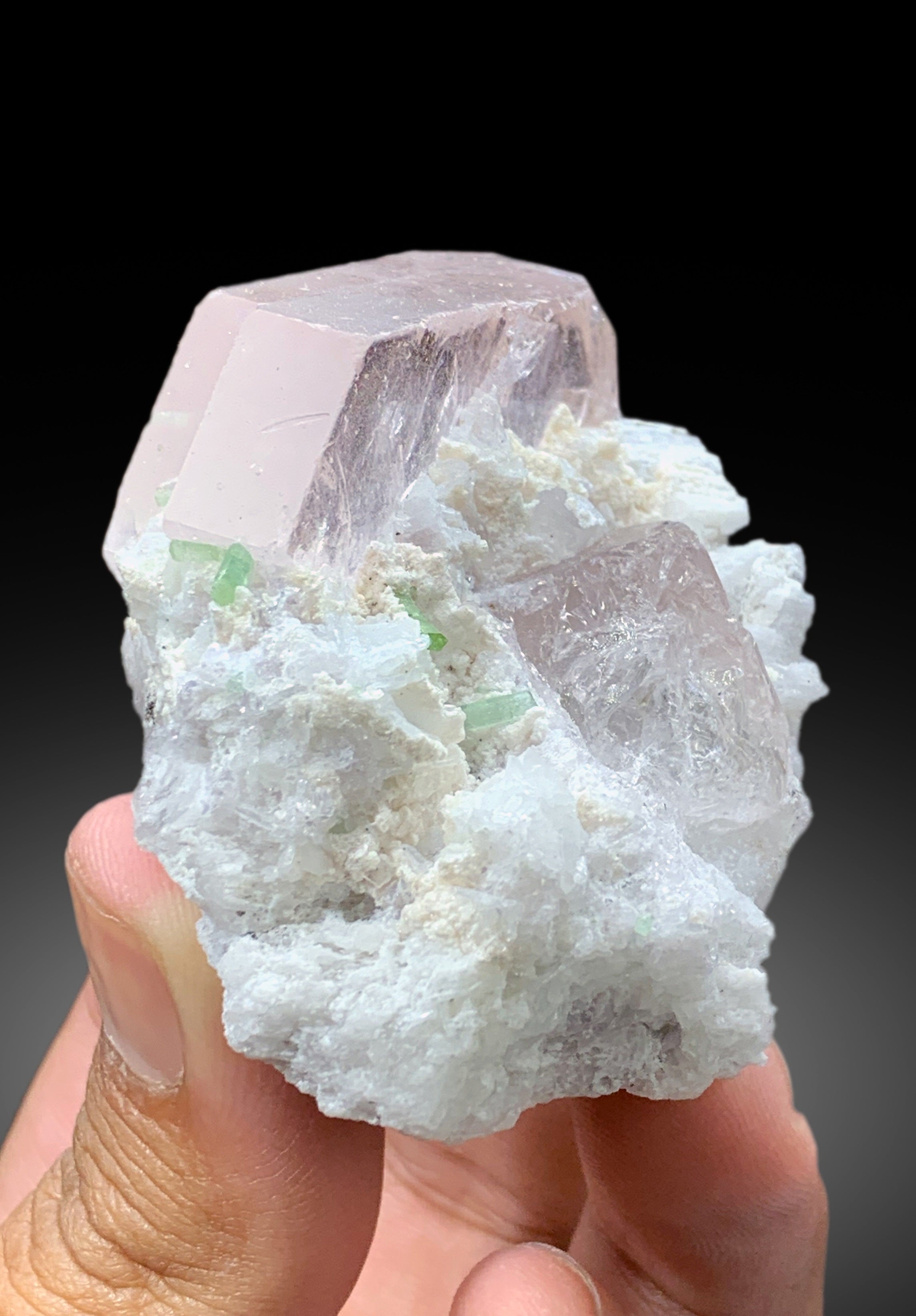 Transparent Pink Color Morganite with Green Tourmalines and Albite, Morganite Specimen from Dara-i-Pech Afghanistan - 105 gram