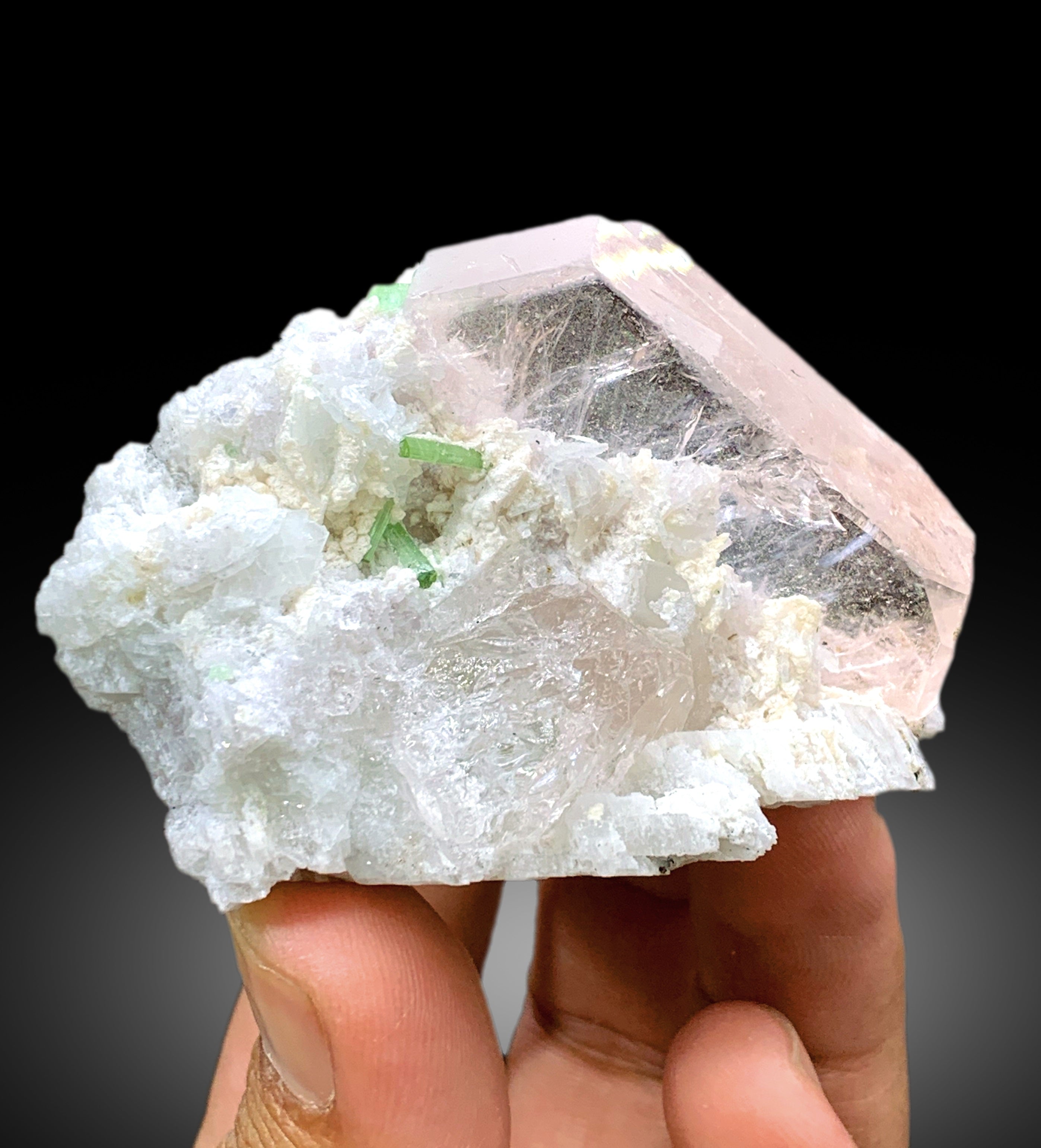 Transparent Pink Color Morganite with Green Tourmalines and Albite, Morganite Specimen from Dara-i-Pech Afghanistan - 105 gram