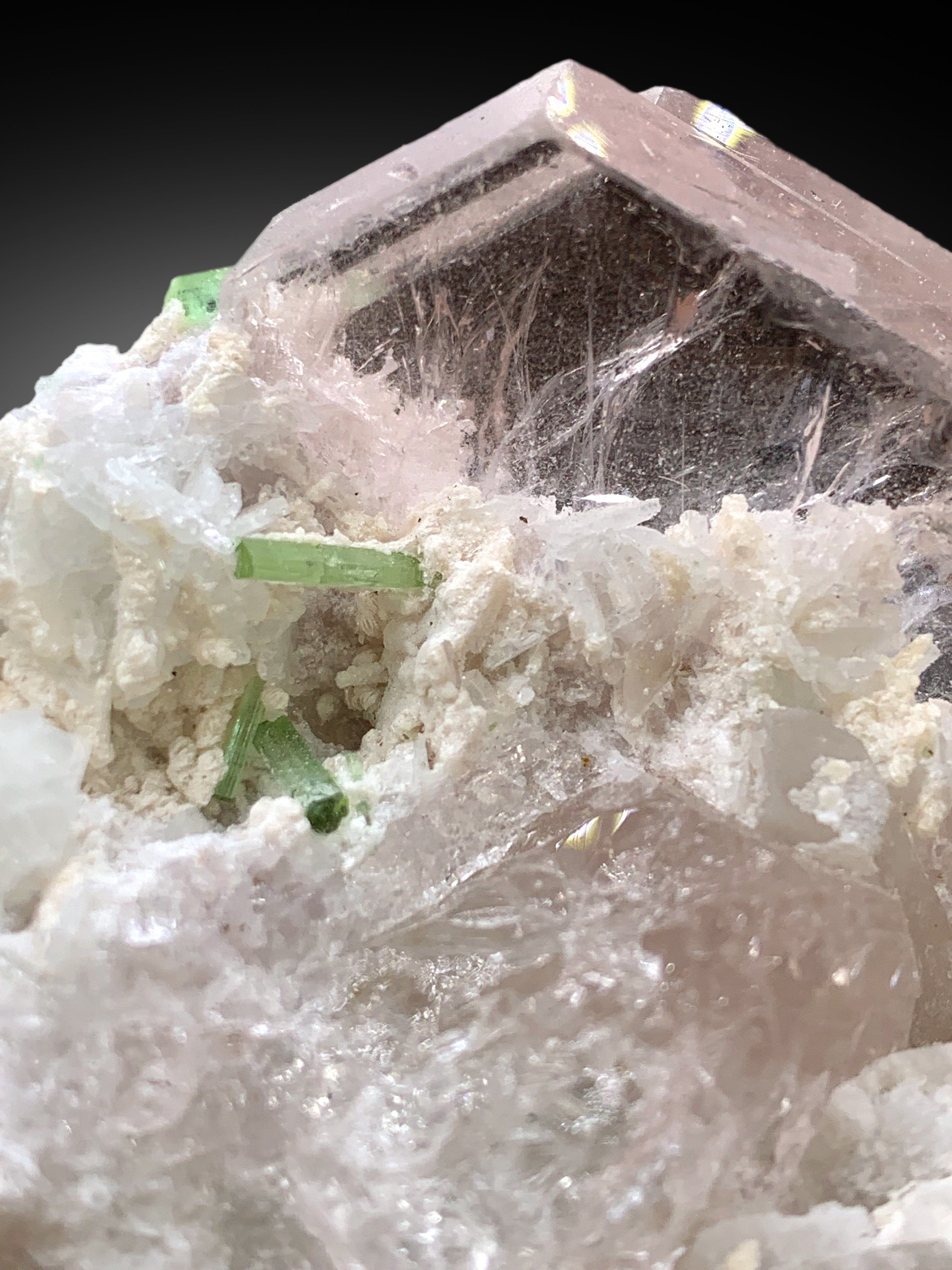 Transparent Pink Color Morganite with Green Tourmalines and Albite, Morganite Specimen from Dara-i-Pech Afghanistan - 105 gram