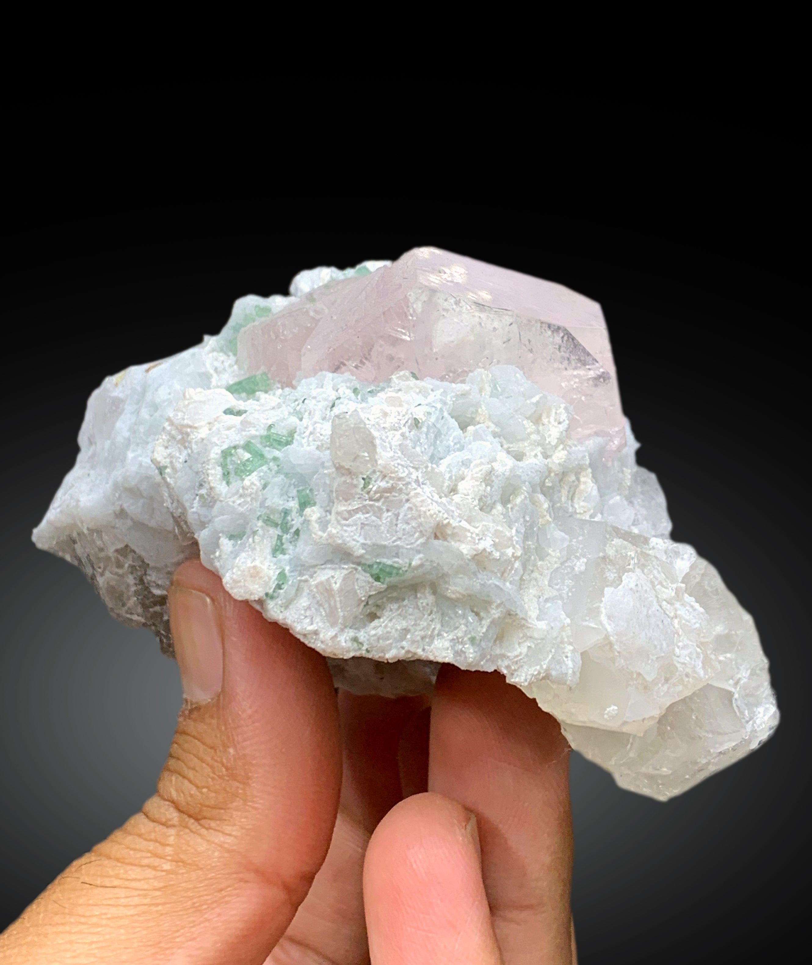 Natural Pink Color Morganite with Green Tourmalines and Albite, Morganite Specimen, Fine Minerals - 238 gram