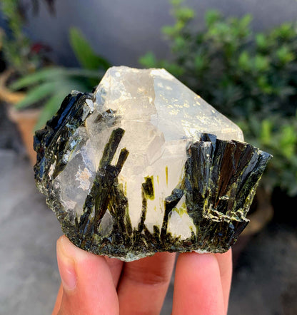 Green Epidot Cluster On Quartz Crystal From Pakistan - 207 Grams