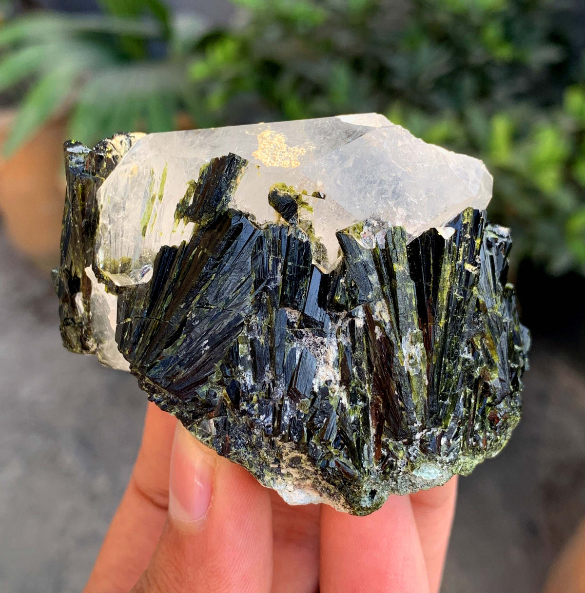 Green Epidot Cluster On Quartz Crystal From Pakistan - 207 Grams
