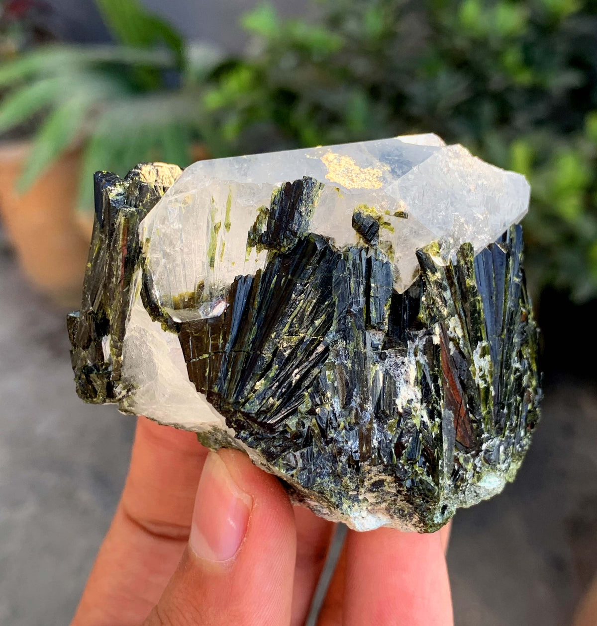 Green Epidot Cluster On Quartz Crystal From Pakistan - 207 Grams