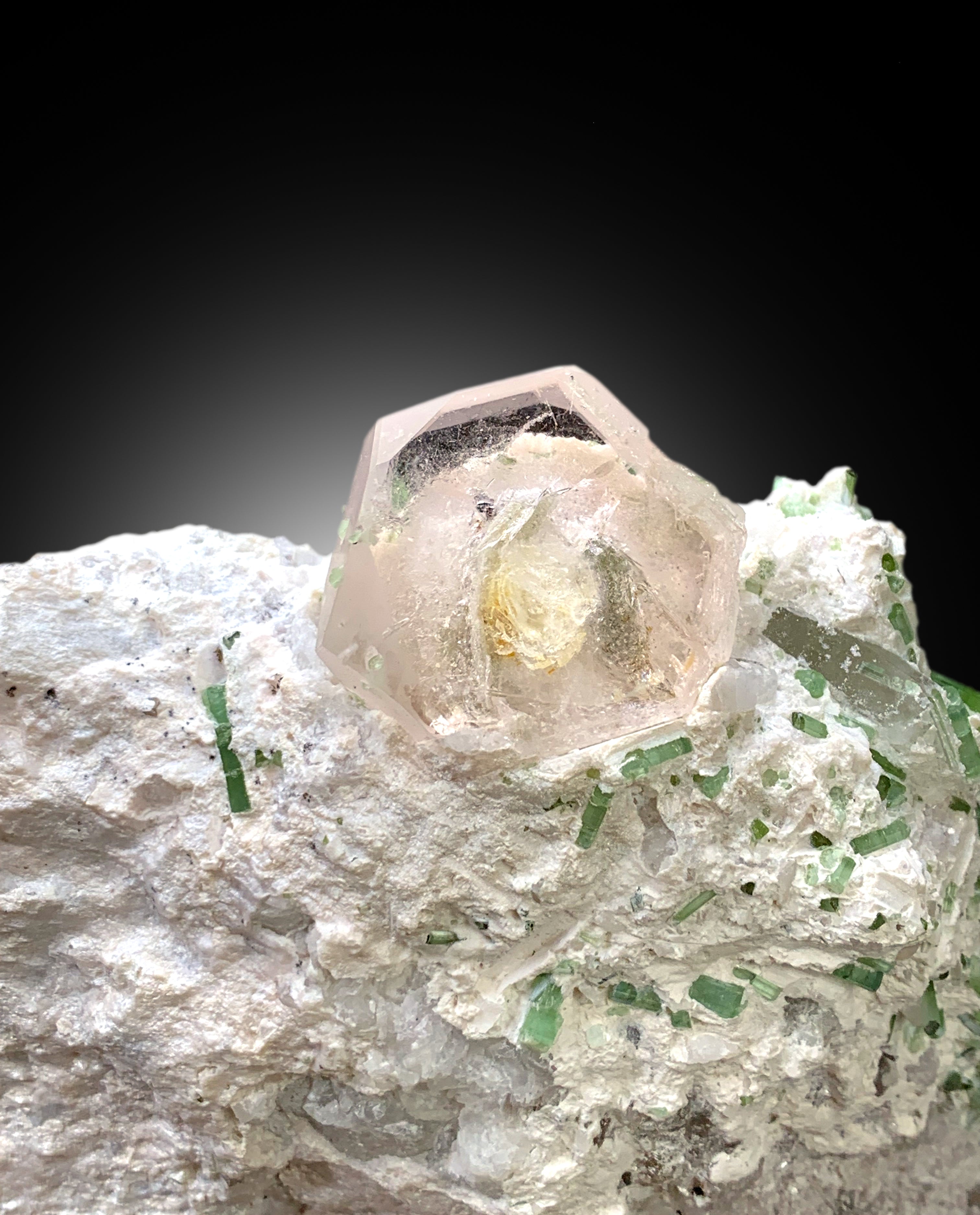 Transparent Peach Pink Color Morganite with Green Tourmalines on Matrix from Dara-i-Pech Afghanistan - 853 gram