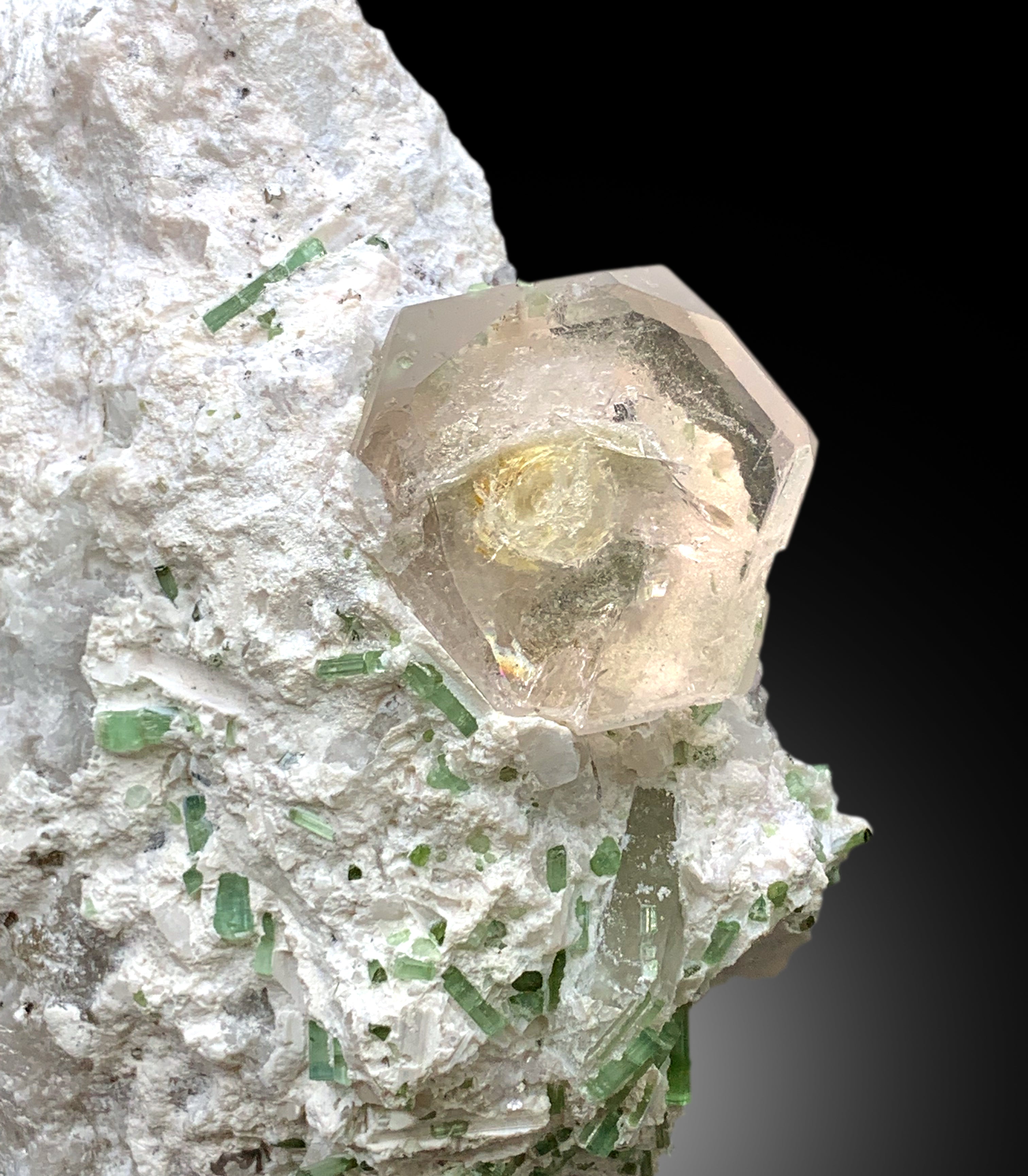 Transparent Peach Pink Color Morganite with Green Tourmalines on Matrix from Dara-i-Pech Afghanistan - 853 gram